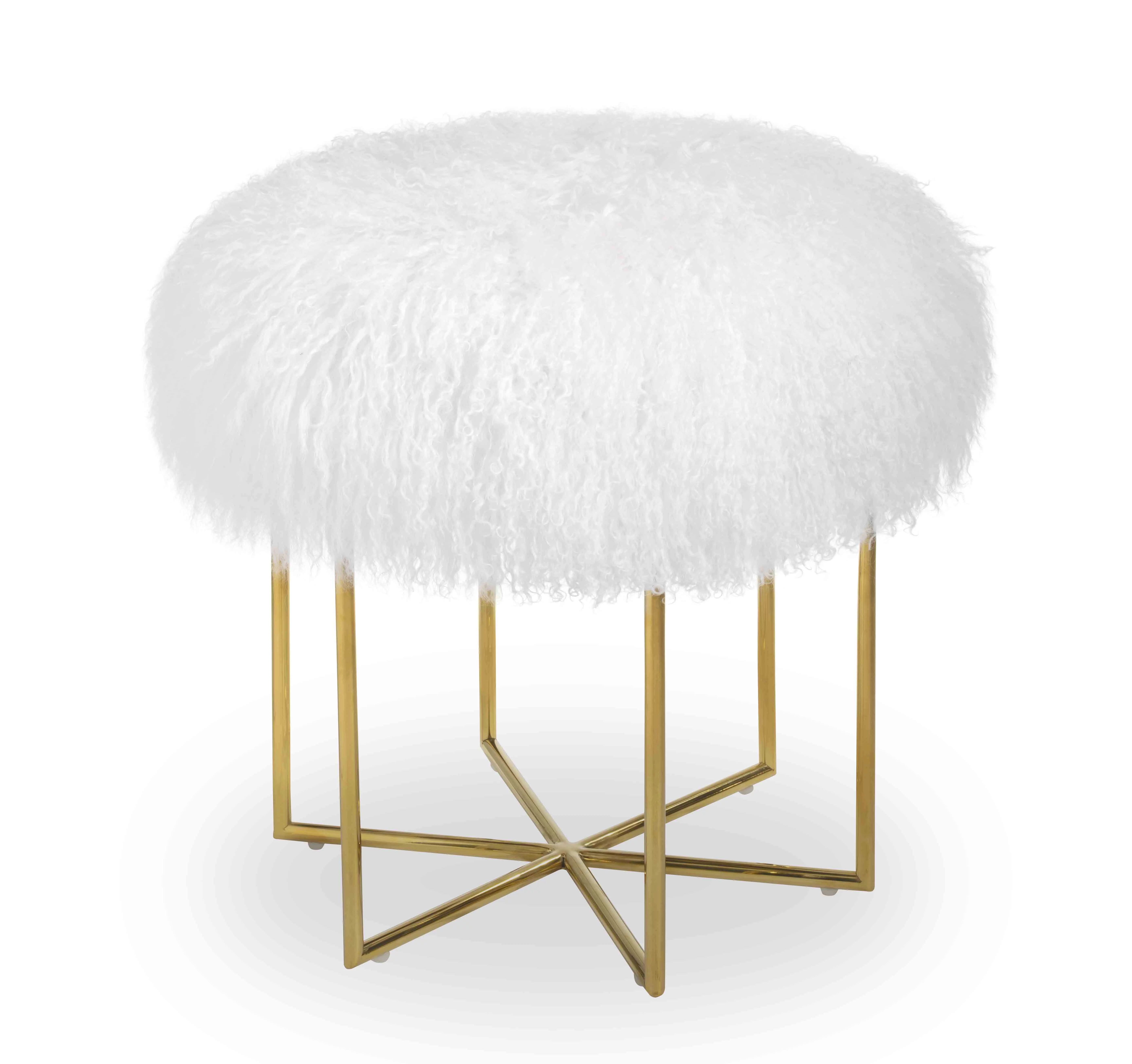 MEXIYA Bailey White Real Sheepskin Mongolian Fur Ottoman with Gold Finish Stainless Steel Frame