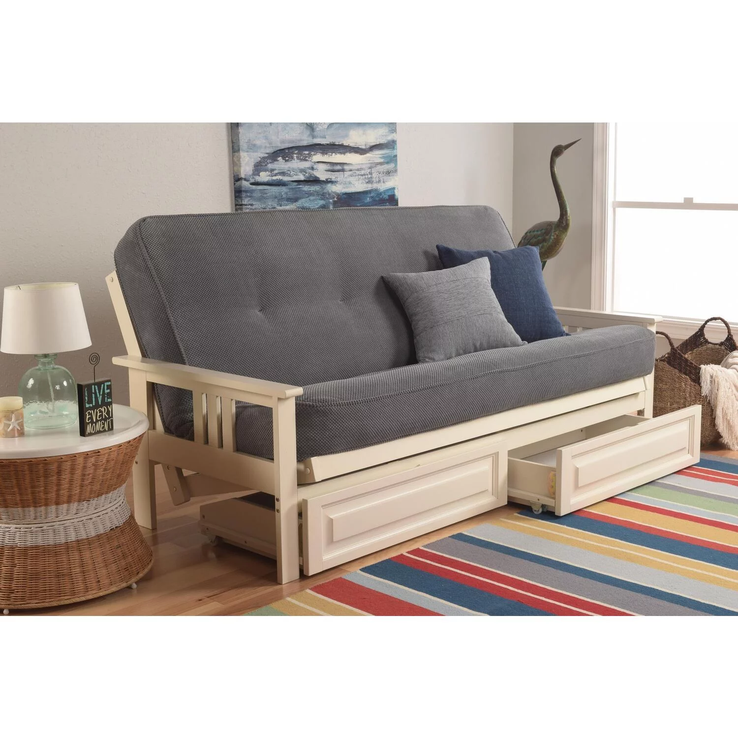 Maykoosh Asian Fusion Full Futon Frame with Storage Drawers, Color:Antique White/Blue