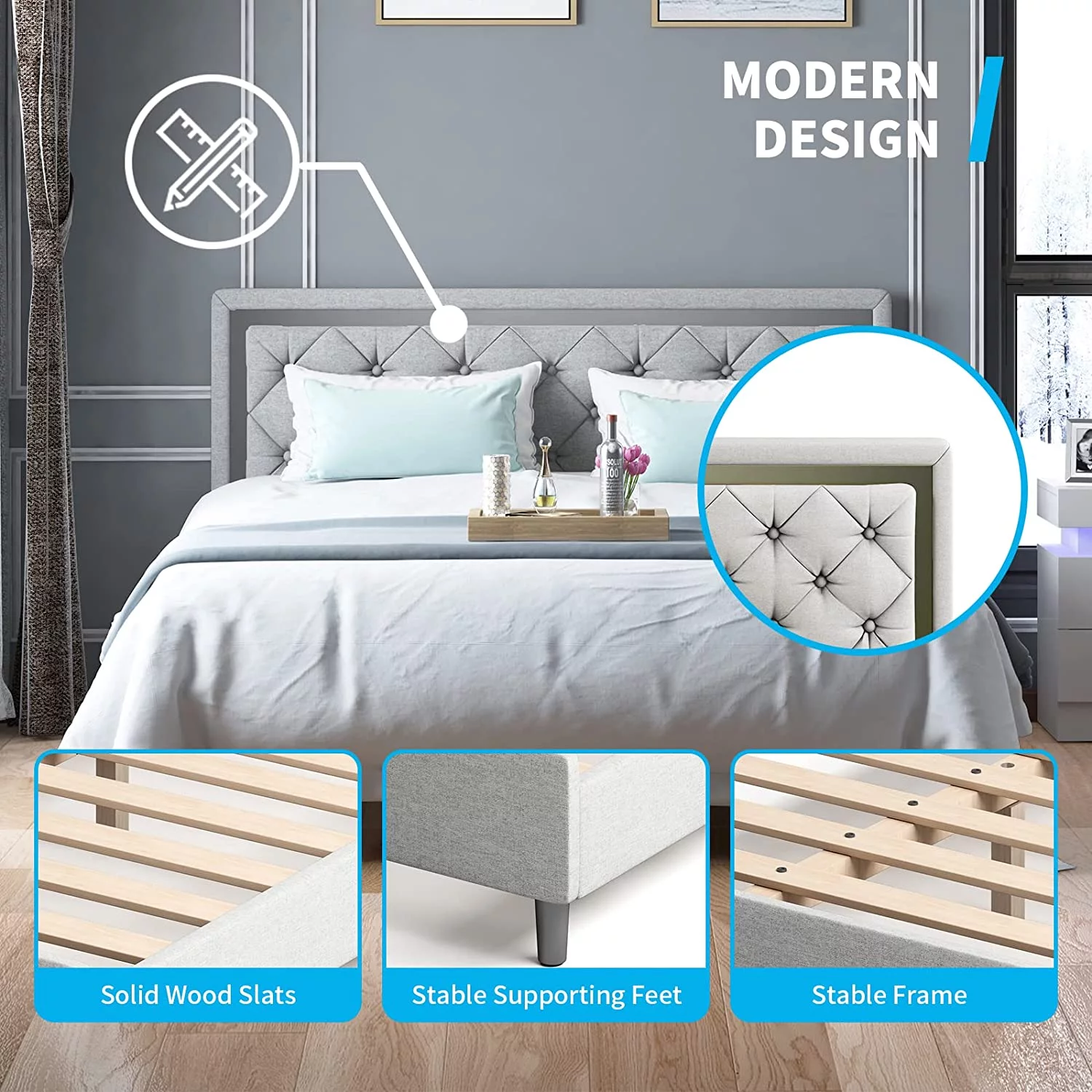 Mjkone King Size Bed Frames with Headboard, Upholstered Bed Frame with Wooden Slat Support, Platform Bed Frame, No Box Spring Needed/Easy Assembly/No Mattress (Light Grey)