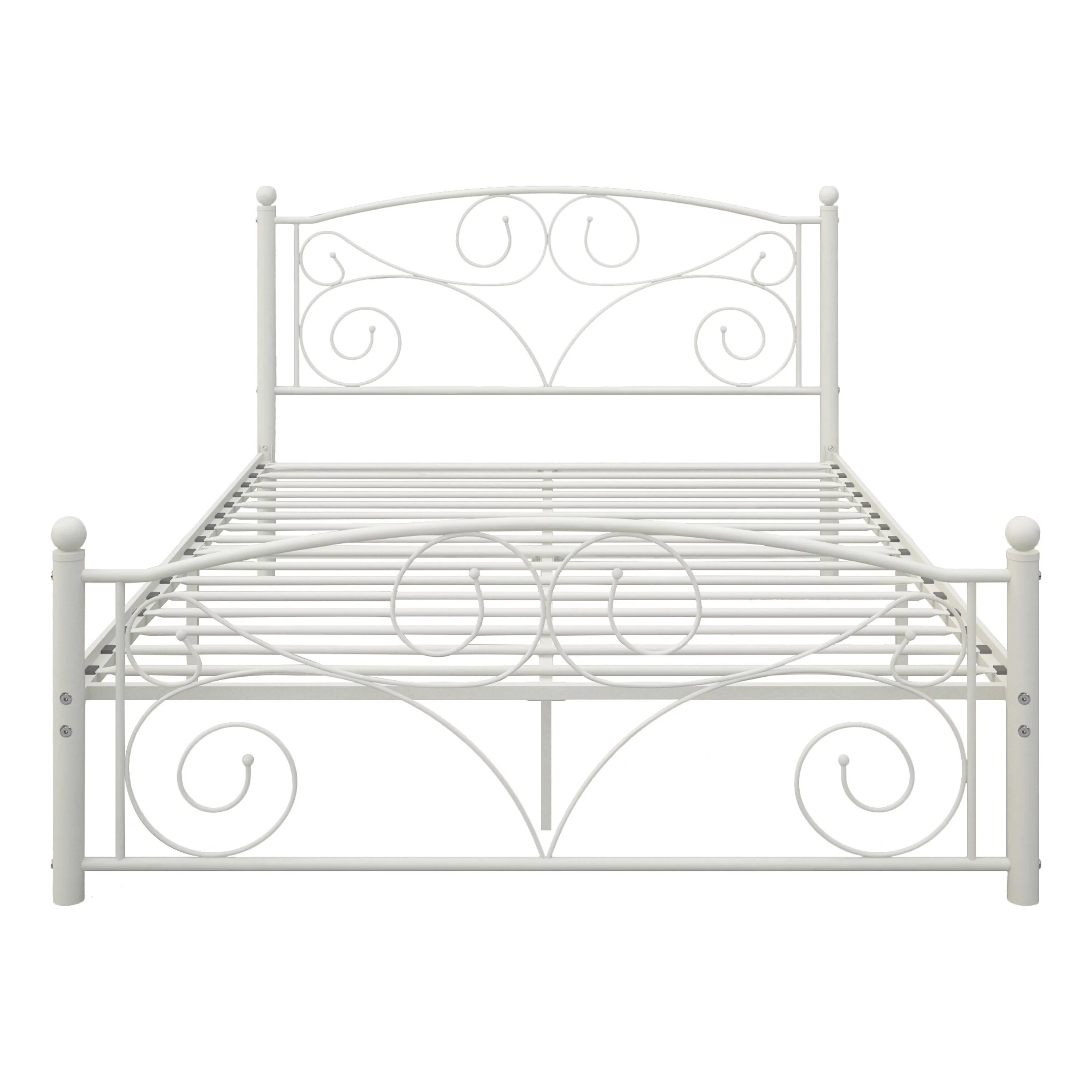 White Metal Bed Frame with Headboard and Footboard, Unique Flower Sturdy System, No Box Spring Needed, Full Size, White