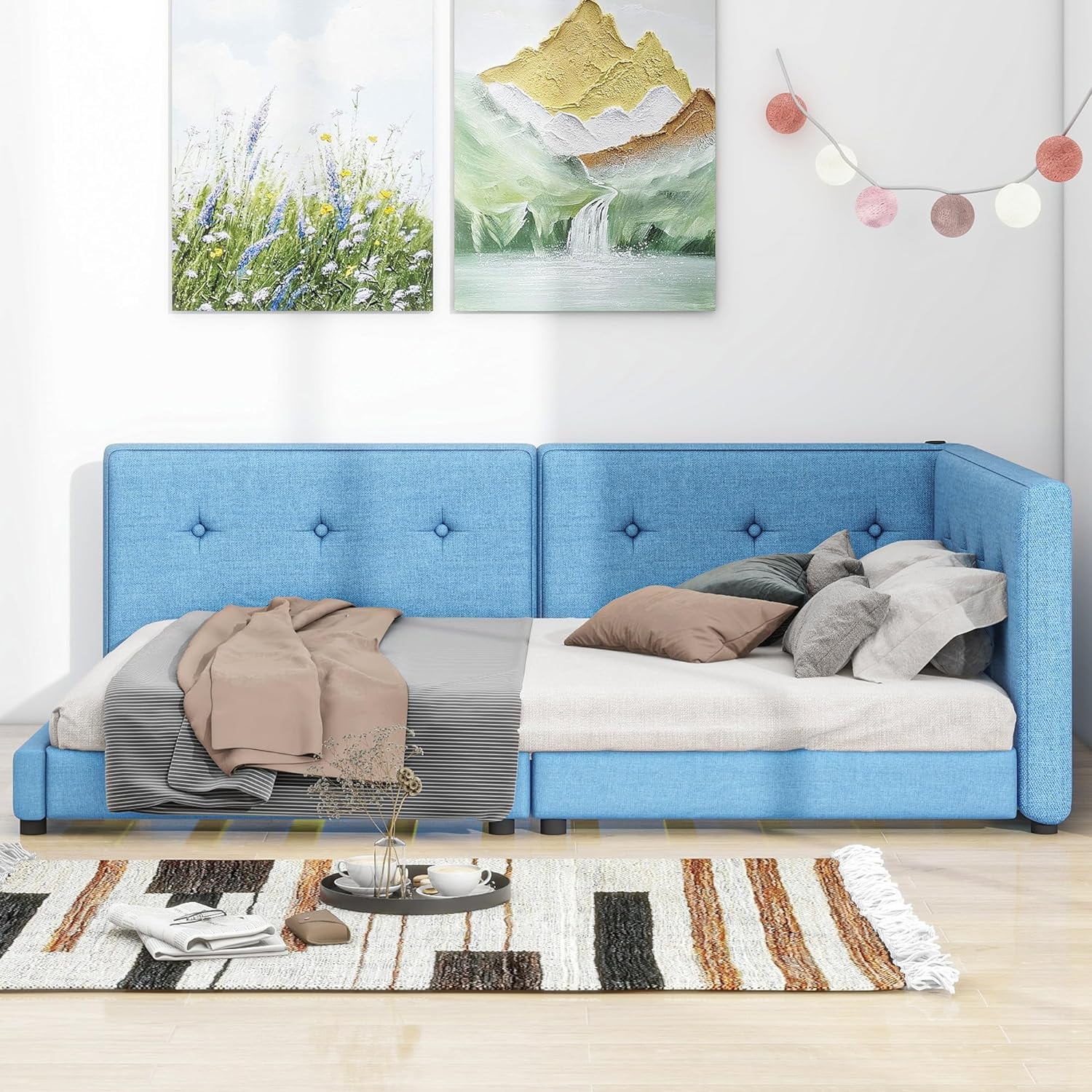 Upholsered Quee Size Plaform Bed Wih USB Pors,Wood Lie Fabric Quee Daybed For Bedroom,Livigroom,Blue