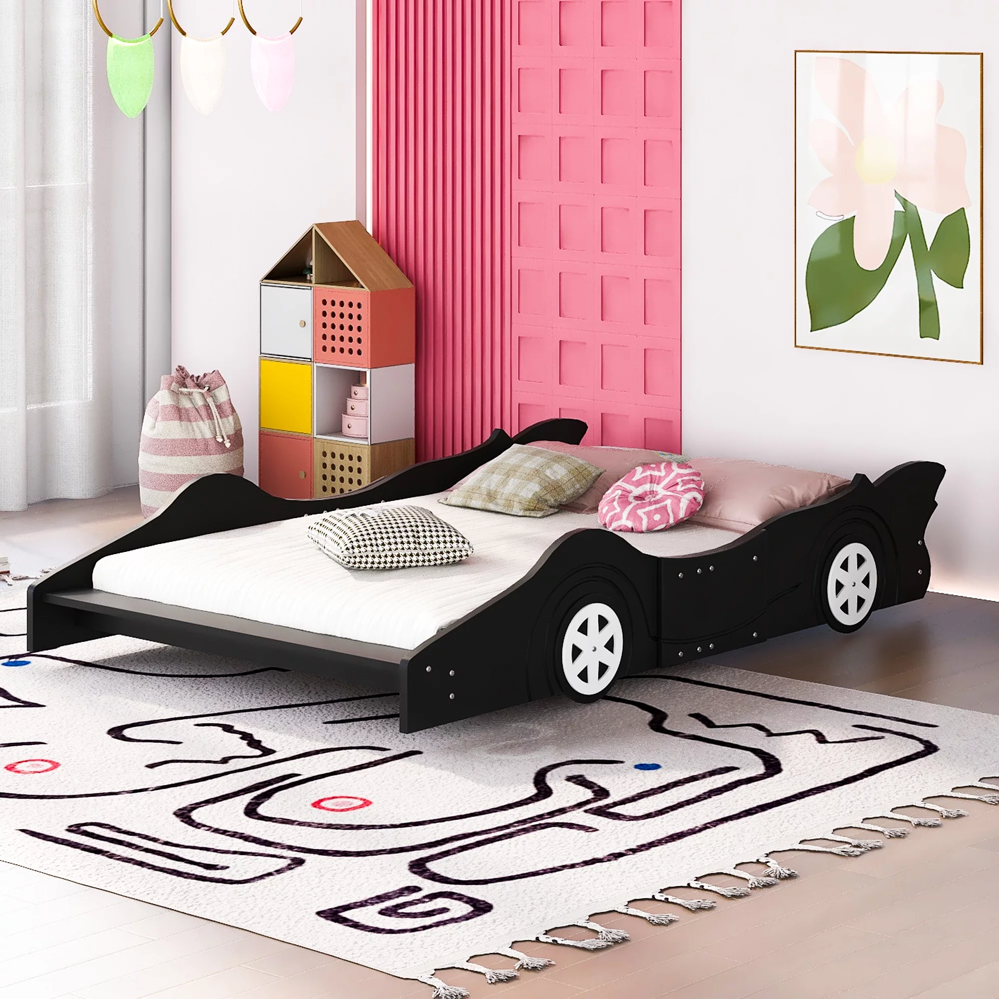CoSoTower Full Size Race Car-Shaped Platform Bed with Wheels, Black