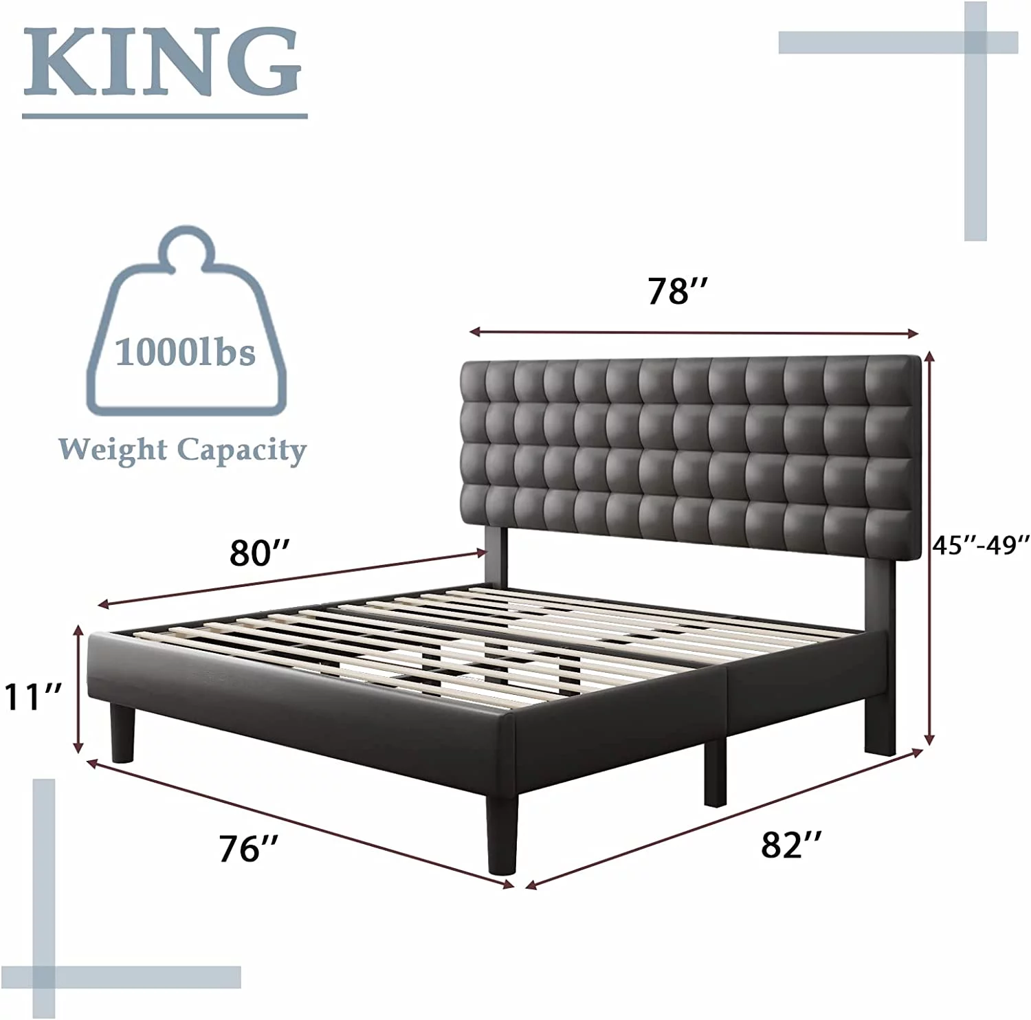 King Size Bed Frame with Square Stitched Headboard, Faux Leather Upholstered Platform Bed Frame, High-Density Sponge Filled, Solid Wood Slats, No Box Spring Needed, Noise-Free, Gray