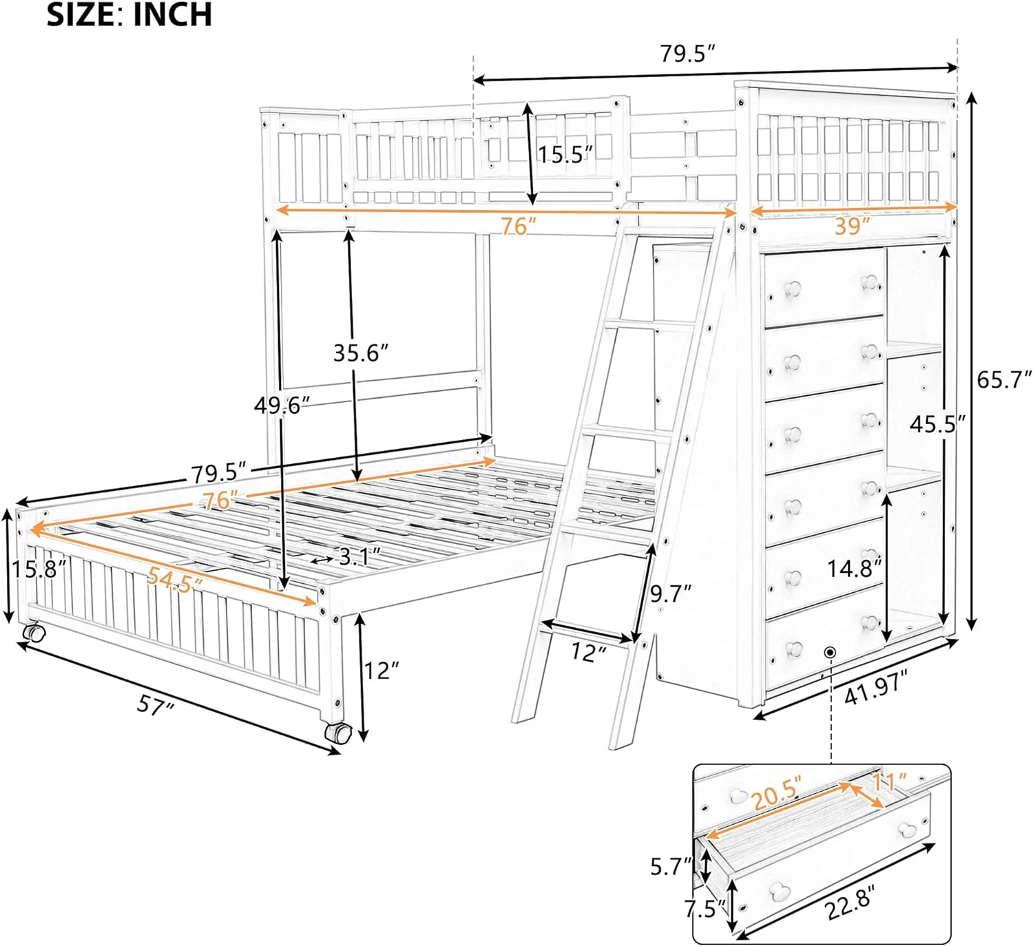 Over Full Bunk Beds With Six Drawers And Flexible Shelves,Wooden Bunk Beds With Storage And Removable Bottom Bed For Kids Girls Boys,No Box Spring Needed (Grey)