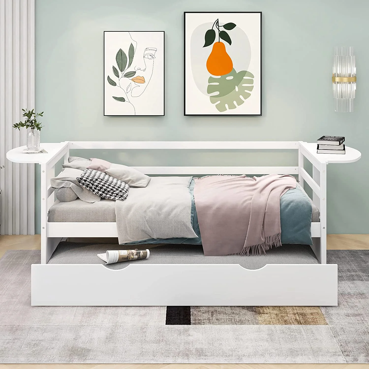 Size Daybed With Trundle, Solid Wood Frame Foldable Shelves On Both Sides, For Kids Teens Guests. No Box Spring Needed, Bedroom Living Room Furniture (, White)