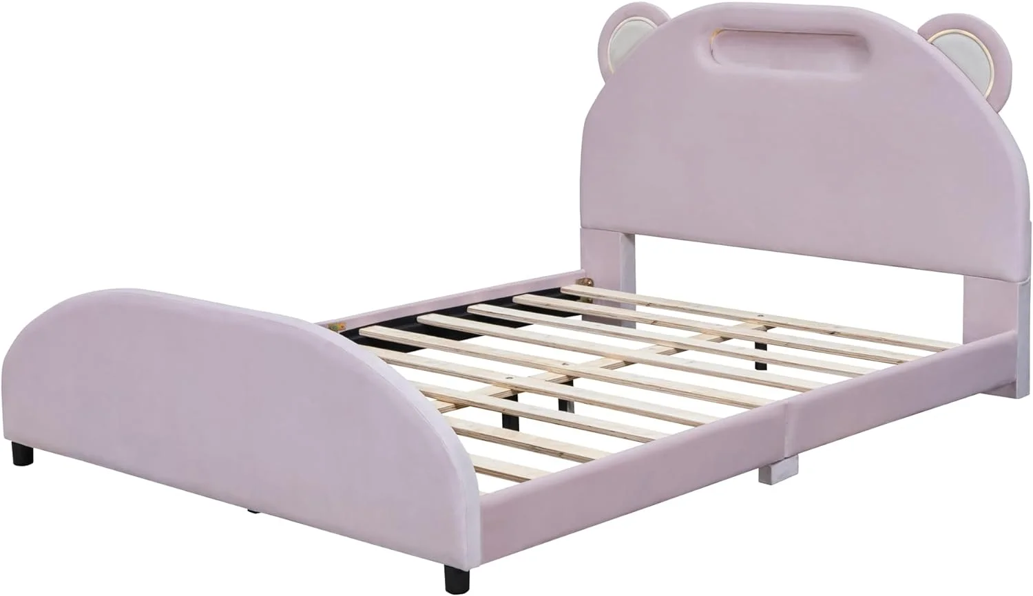 Full Size Upholstered Platform Bed with Bear-Shaped Headboard and Embedded Light Stripe, Velvet Platform Bed with Wood Slat Support for Kids Boys Girls