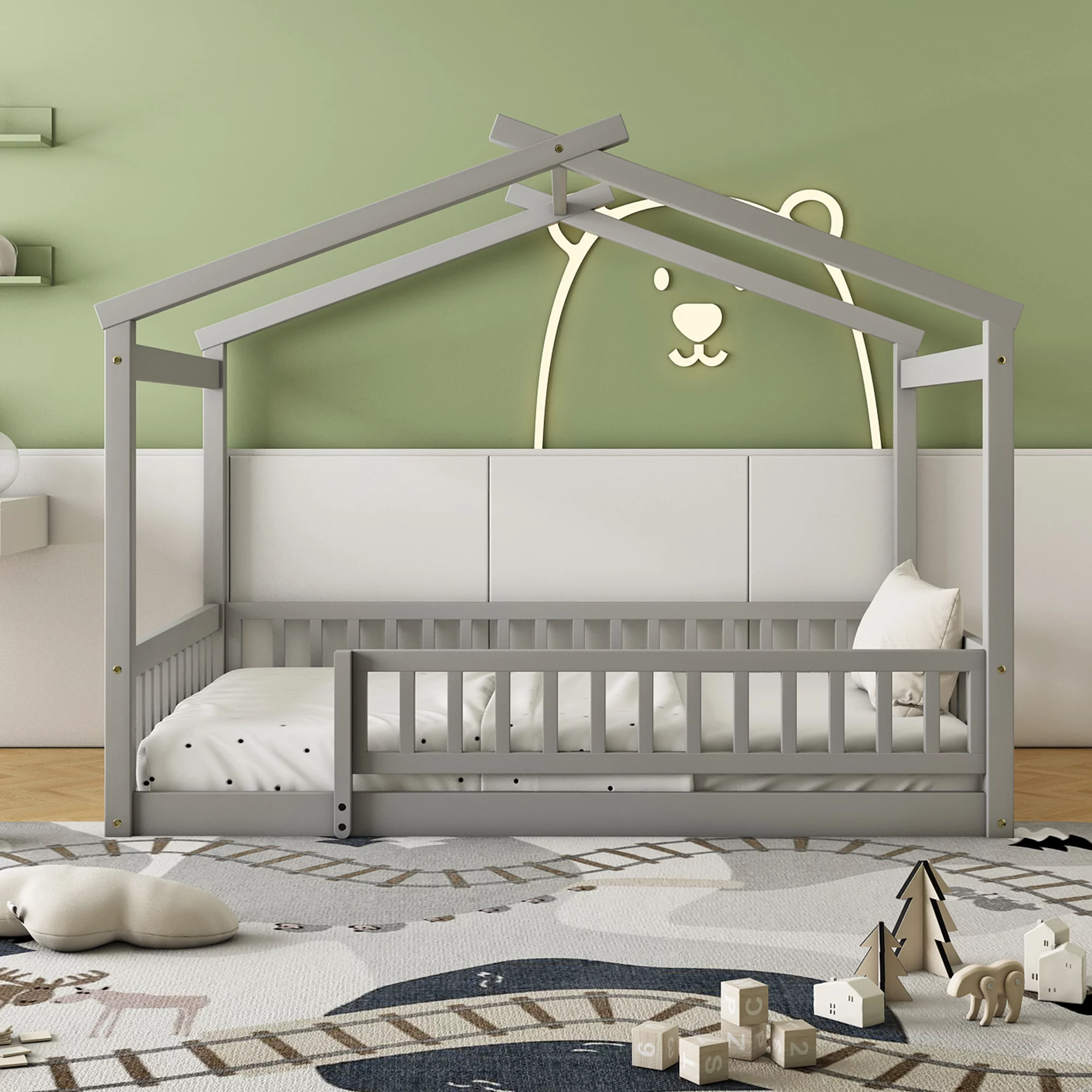 Paproos Full Floor Bed Frame for Toddler, Wood Platform Bed with Fence Guardrails and House Roof, Full Size Cute Playhouse Bed for Kids Girls Boys, Wooden House Bed, No Box Spring Needed, Gray