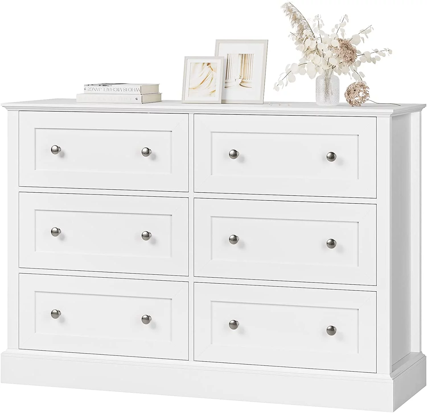 6 Drawer Double Dresser White Dresser for Bedroom Wide Chest of Drawers with Deep Drawers & Mental Double Handles for Hallway Living Room