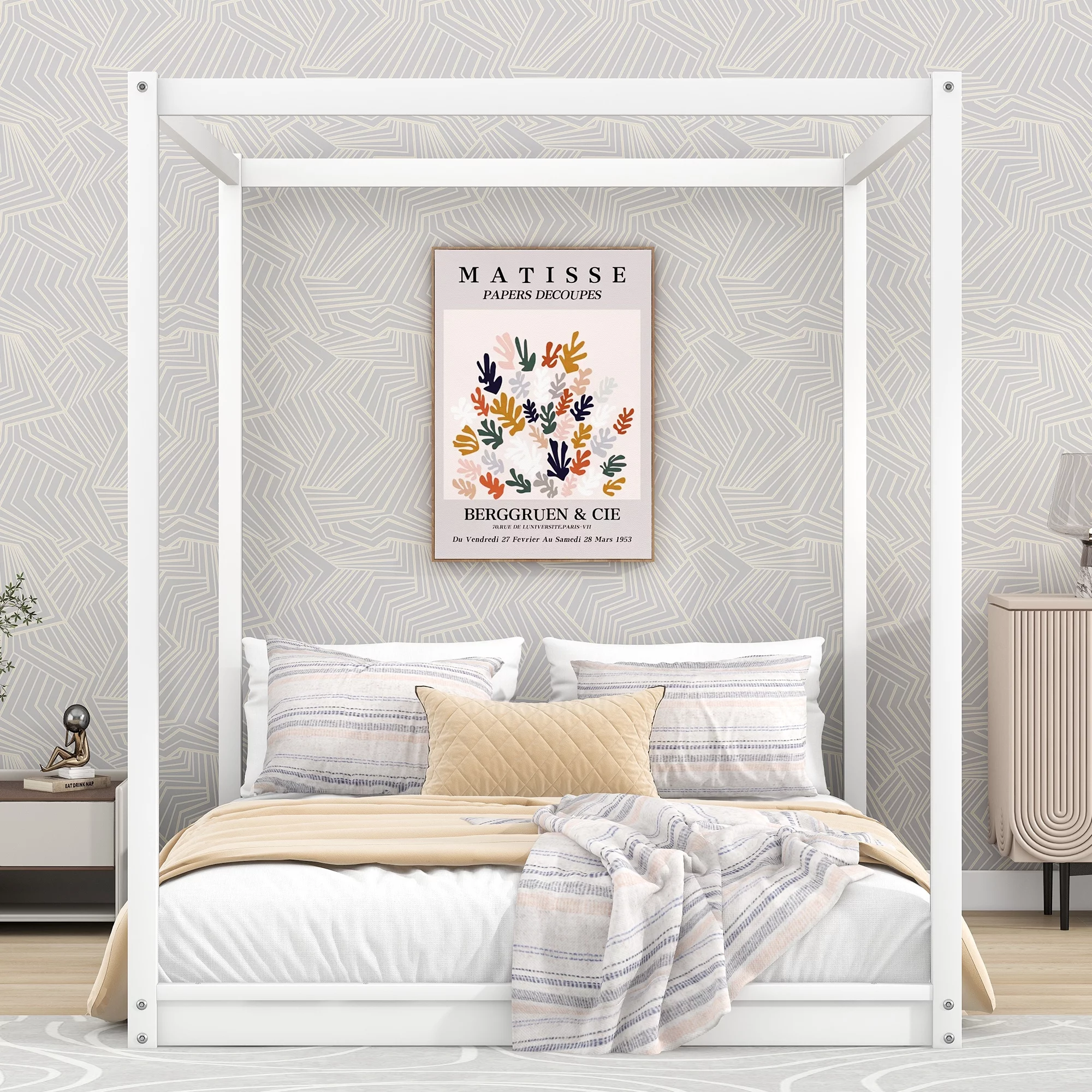 Euroco Pine Wood Queen Size Canopy Bed, Low Profile Platform Bed with Support Legs, No Box Spring Needed, White