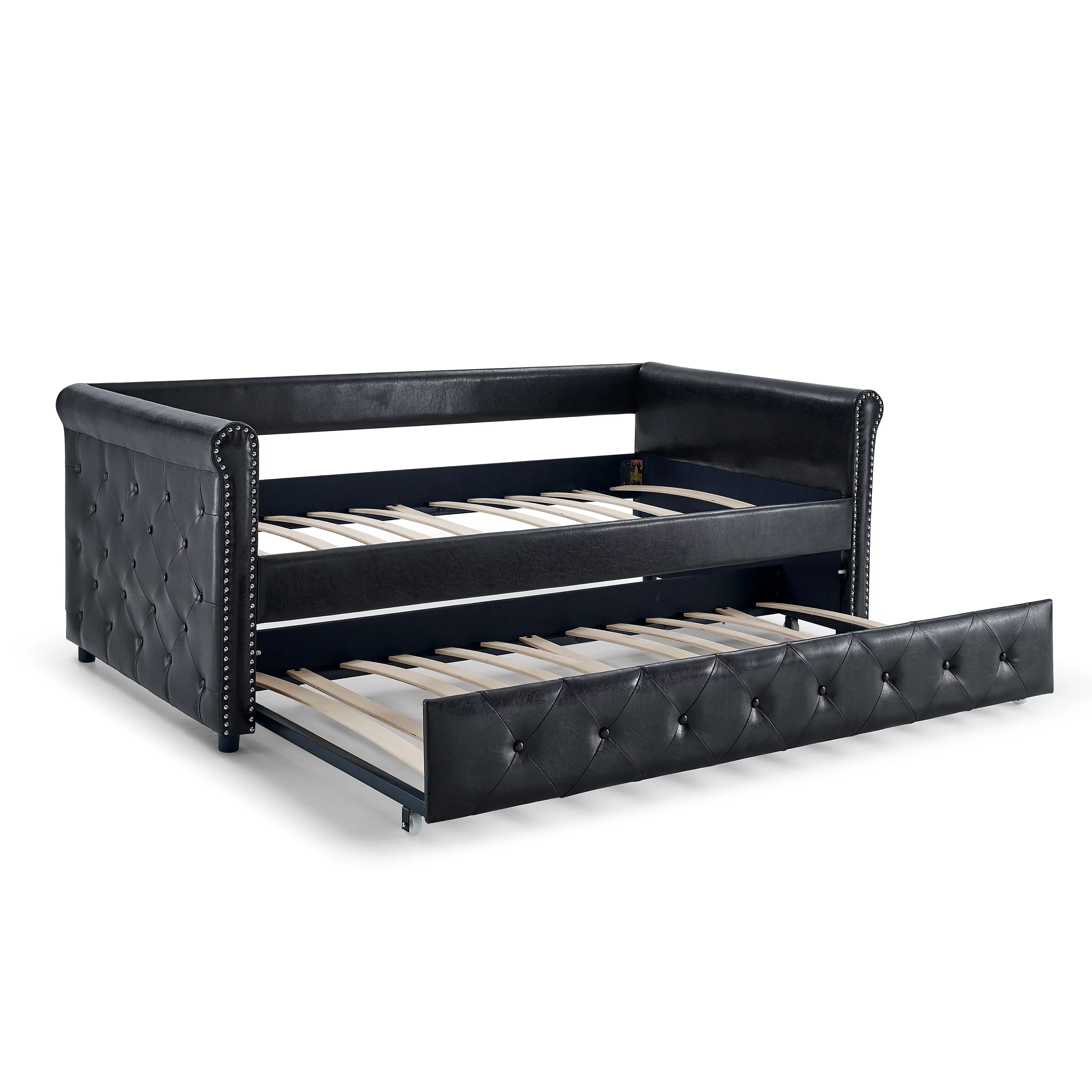 Ucloveria Daybed with Trundle Upholstered Tufted Sofa Bed, with Button and Copper Nail on Arms Both Twin Size, PU Black