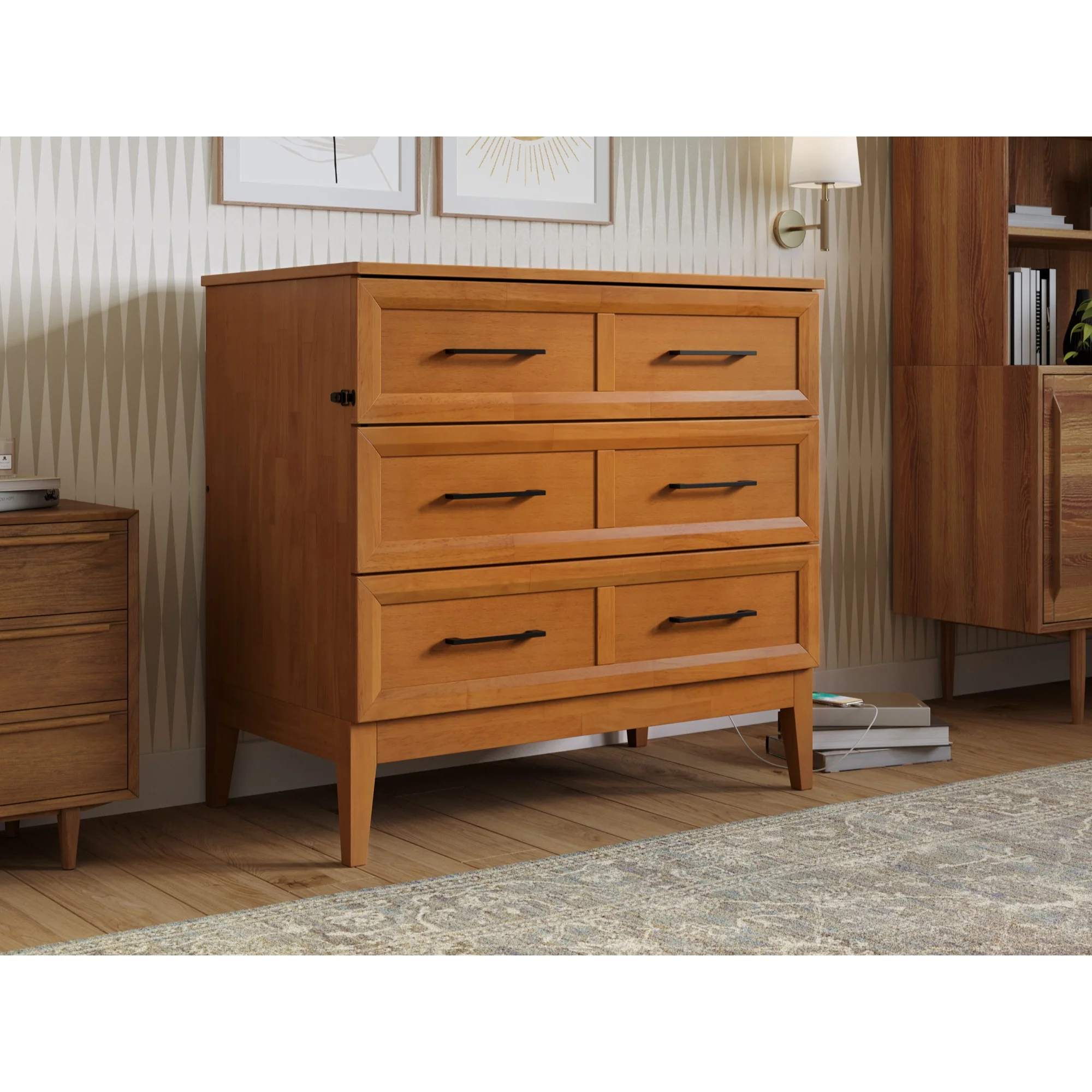 Santa Fe Twin Murphy Bed Chest with Mattress & Built-in Charger in Light Toffee