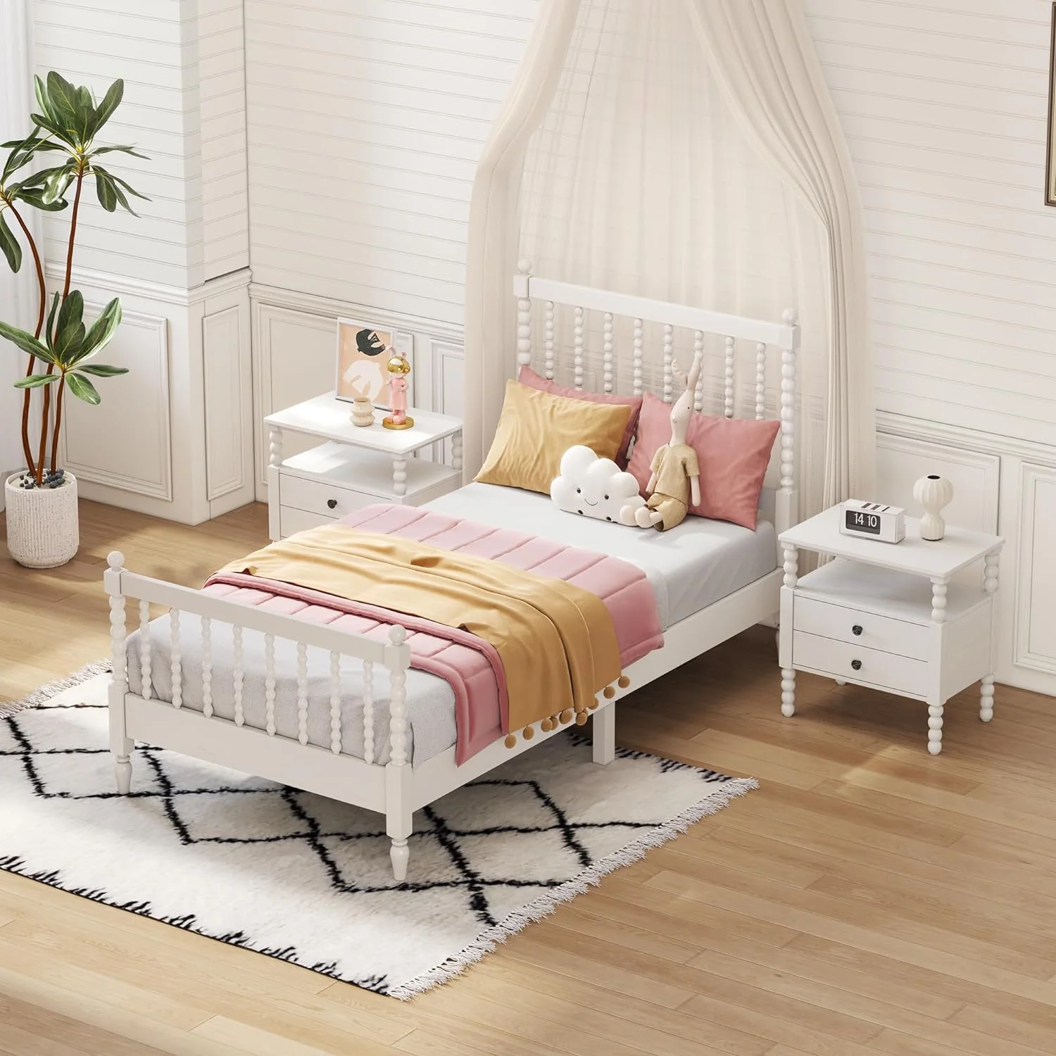 3Pcs Bedroom Set With 2 Nightstands, Size Bed Frame With Gourd Shaped Headboard And Footboard, Solid Wood Platform Bed, No Spring Box Required, White