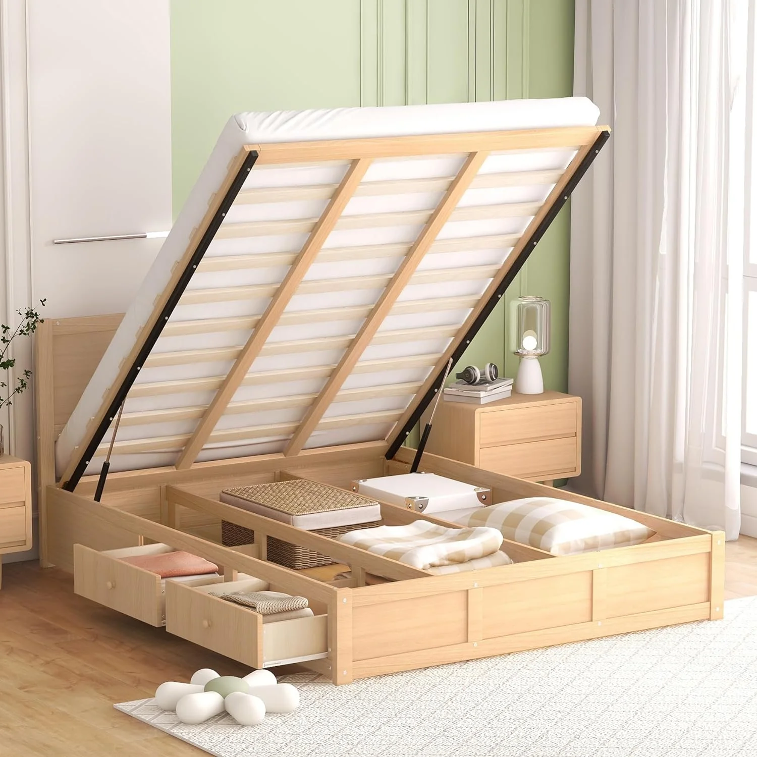 Queen Size Platform Bed, Wood Queen Platform Bed Frame With Underneath Storage And 2 Drawers, No Box Spring Needed, Natural