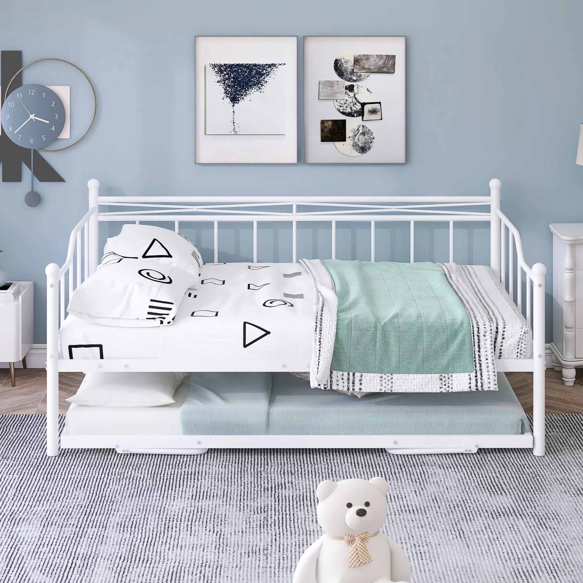 Full Size Metal Daybed with Twin Size Adjustable Trundle, Portable Folding Trundle Heavy-Duty Steel Daybed with Pop Up Trundle Bed for Bedroom Living Room(White)