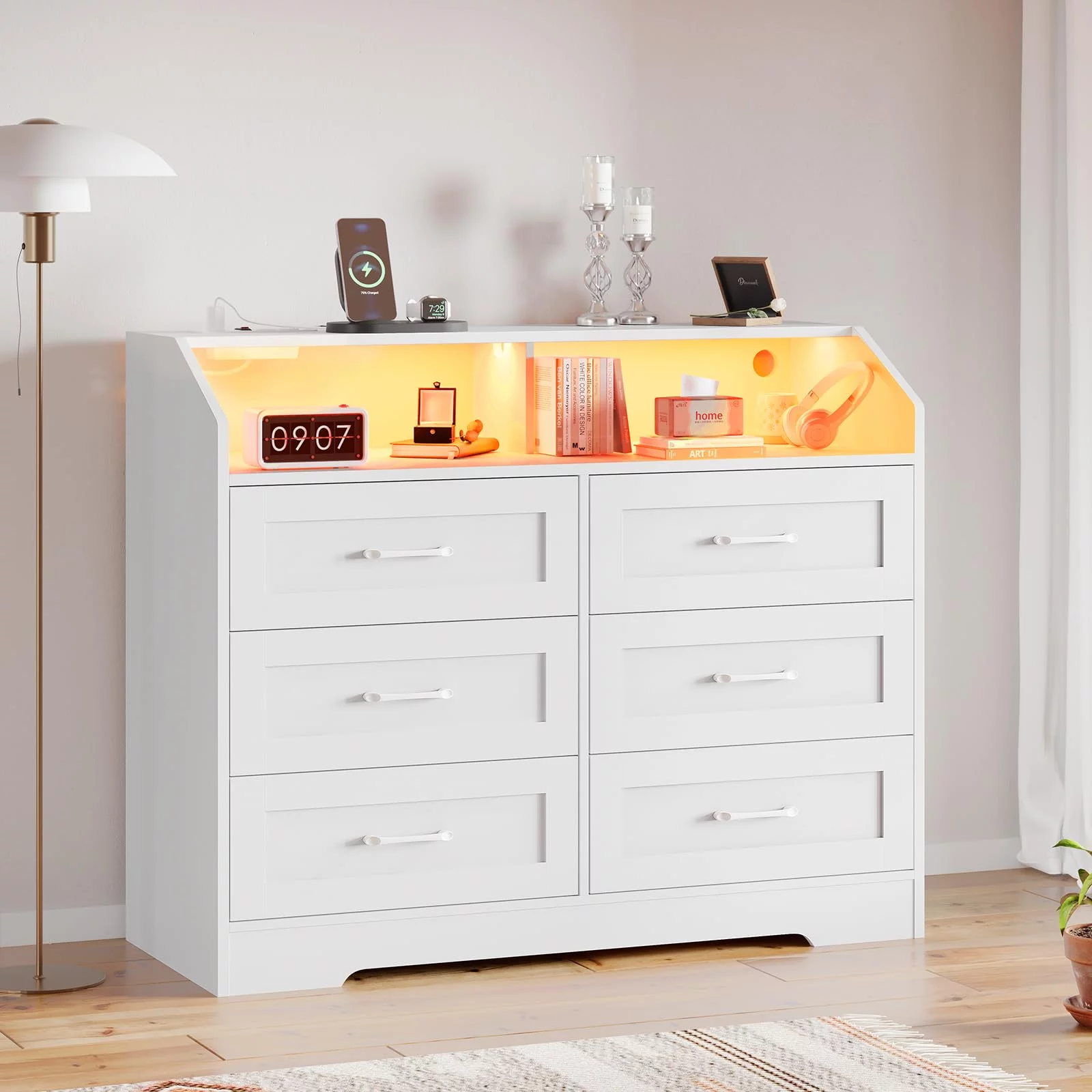 AOGLLATI Morden LED Dresser with 6 Drawer,White Dresser for Bedroom with LED Lights and Charging Station,Storage Cabinet Dresser with Open Space