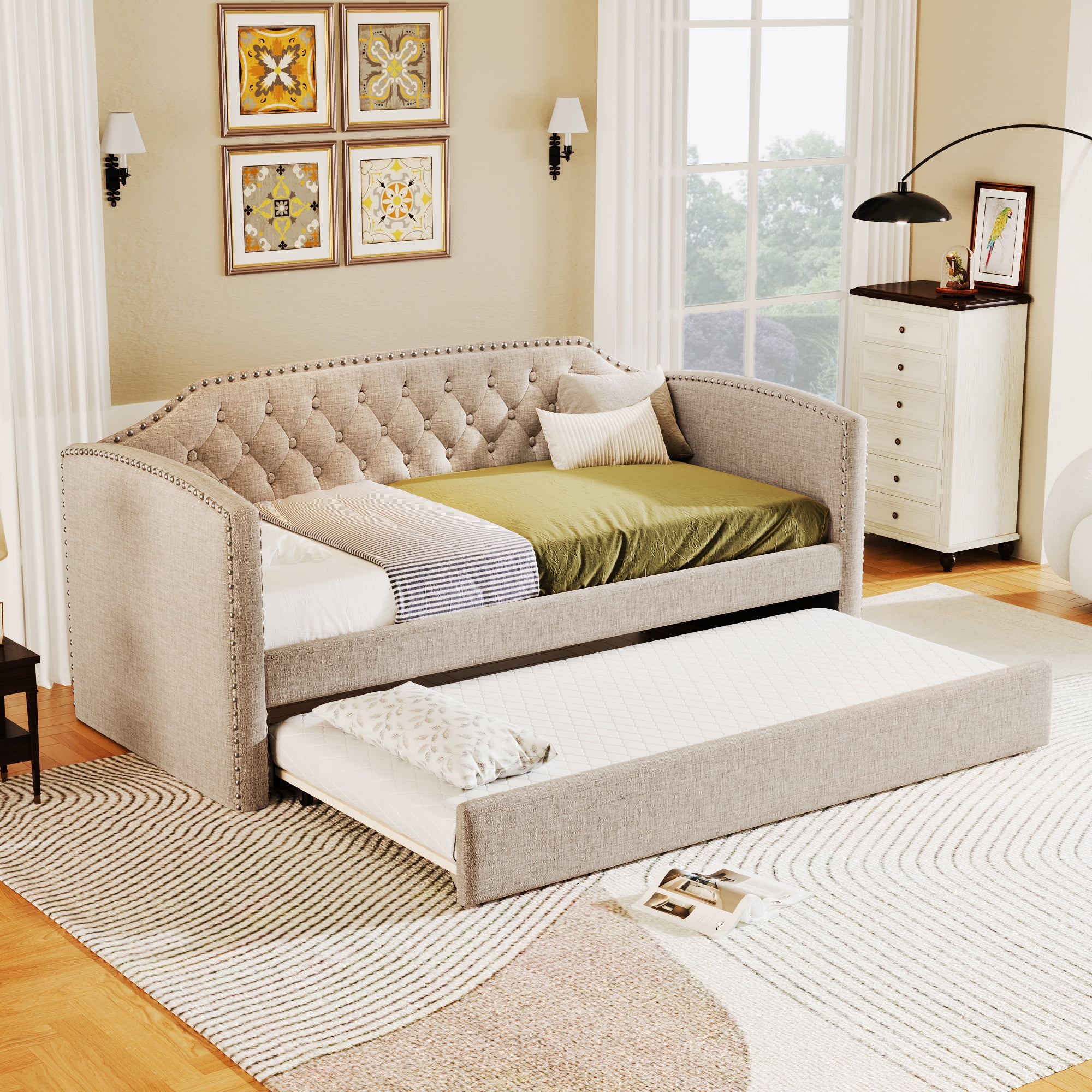 Beige Twin Daybed with Trundle - Ideal for Guest & Small Rooms