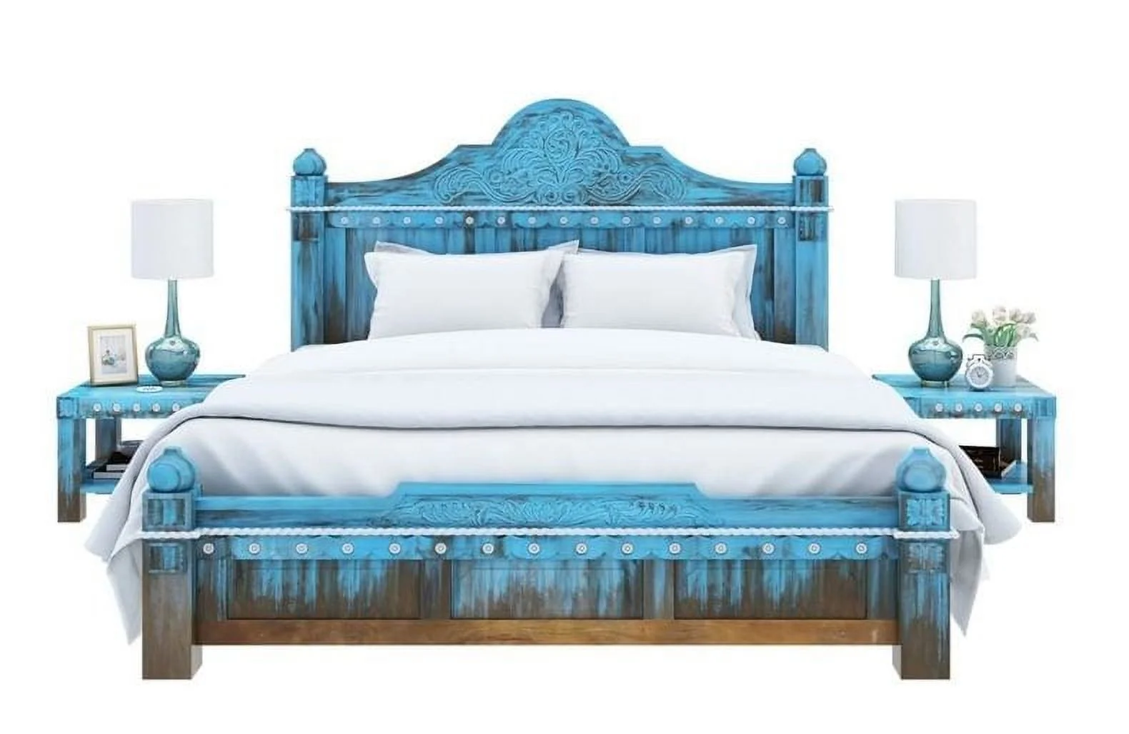 Hand Carved Turquoise Solid Mango Wood Platform Bed Frame/ king / queen