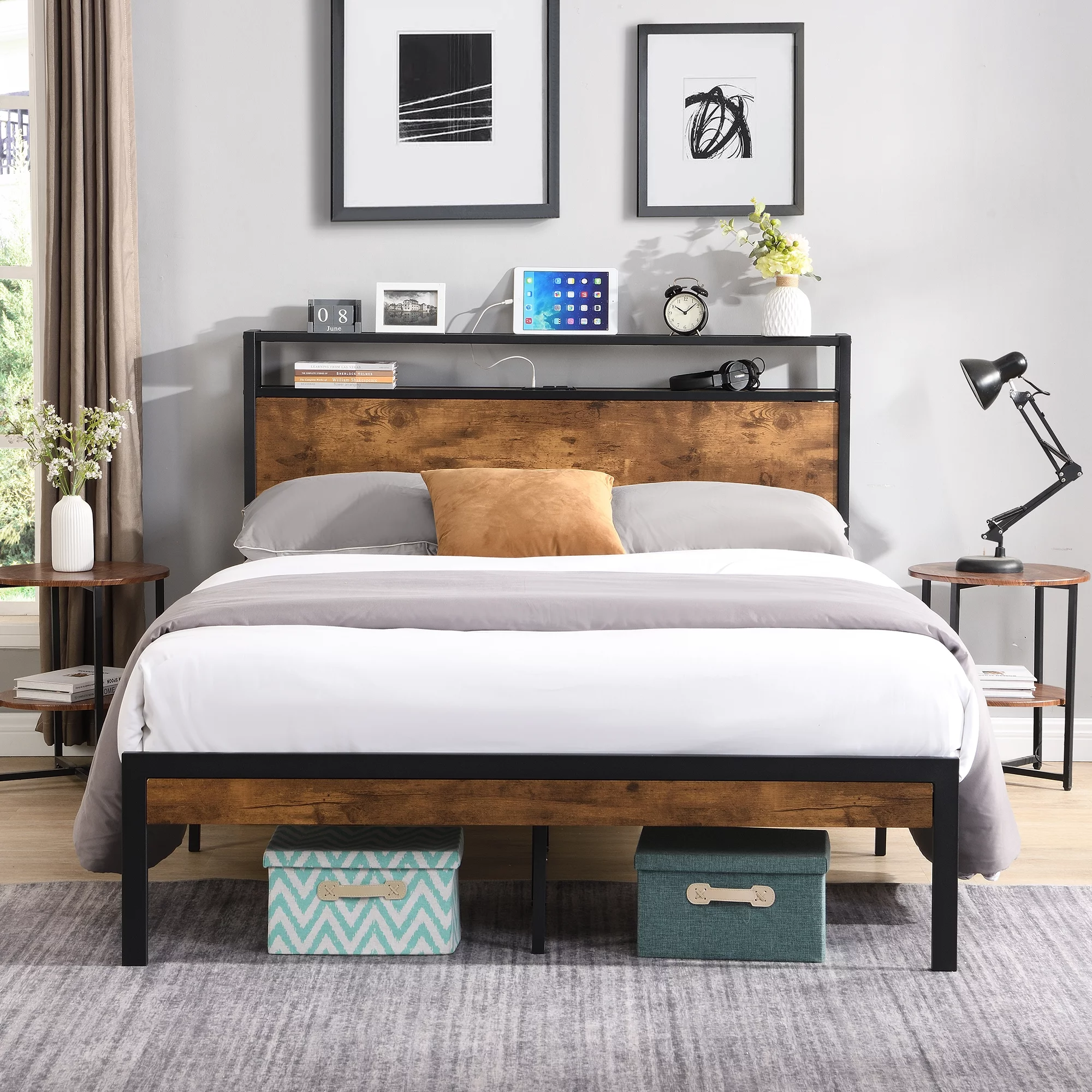 Bellemave Modern Industrial Queen Size Platform Bed with Storage Headboard and Charging Station Metal Bed Frame with Wooden Headboard and Footboard, No Box Spring Needed, Black and Brown