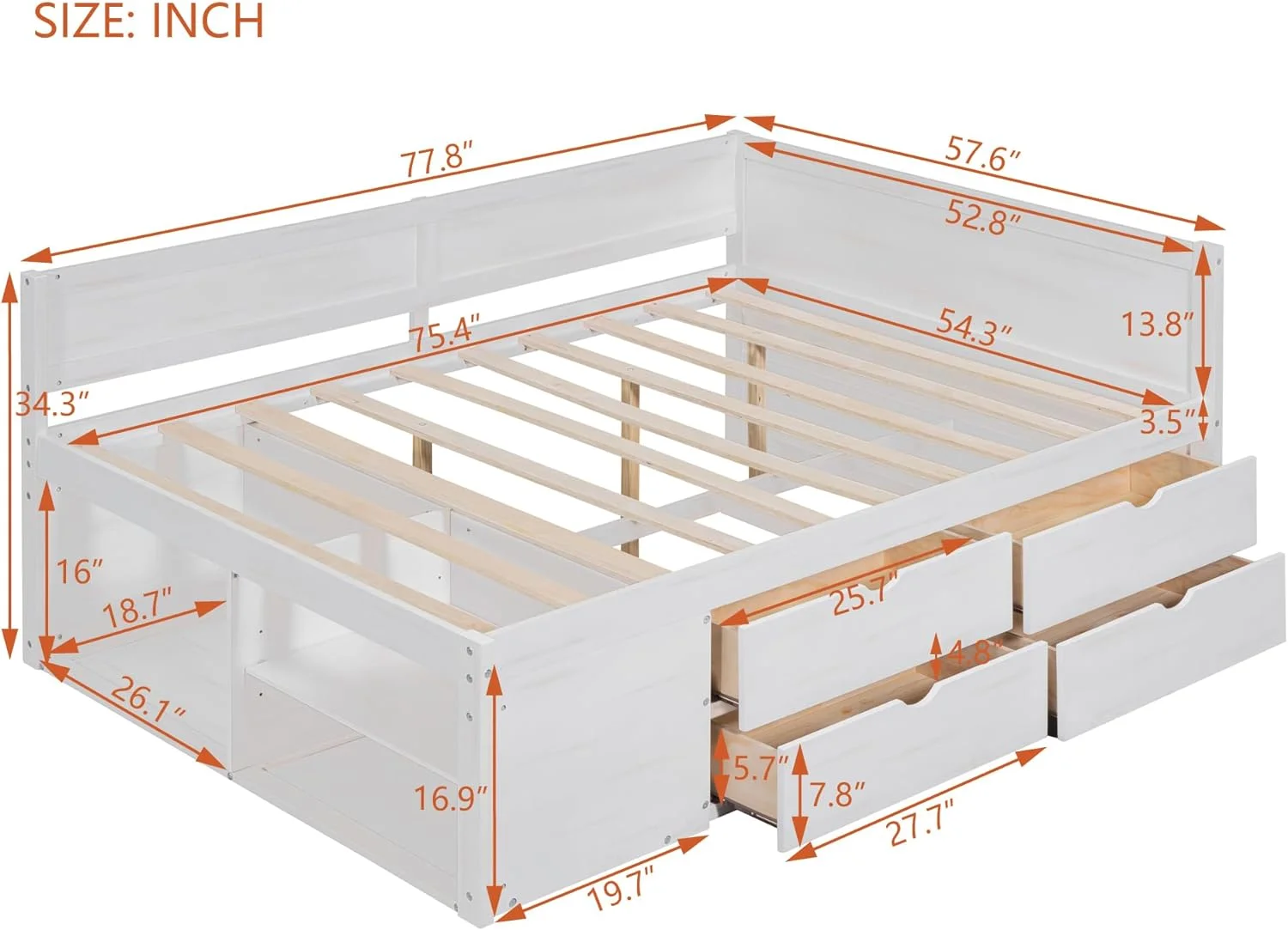 Full Size Daybed With 4 Pull-Out Drawers Drawers Ad 3 Fuctioig Shelves,Full Woode Day Bed Frame With Storage,o Box Sprig Required,White
