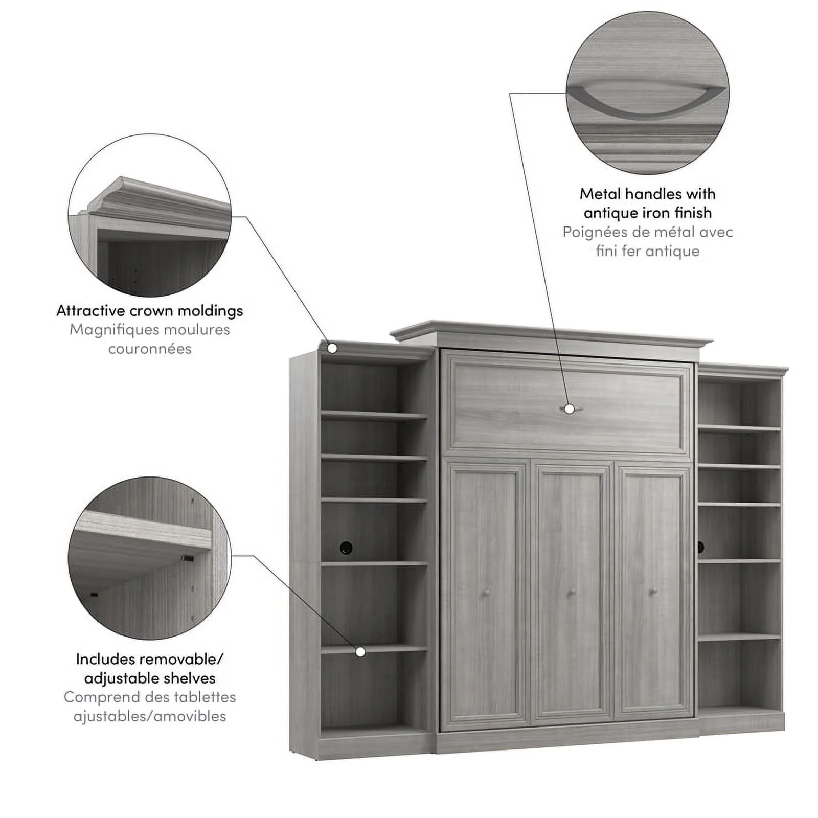 Bestar Versatile Engineered Wood Queen Murphy Bed and 2 Organizers in Gray
