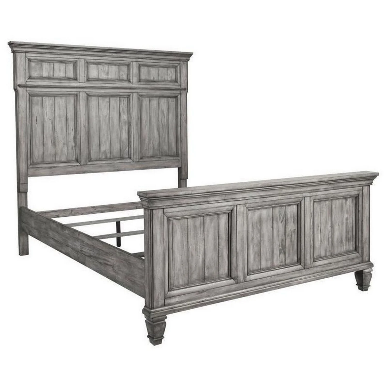 Benjara  Paneled Headboard Dan Wood Queen Size Bed with Crown Molded Details, Gray