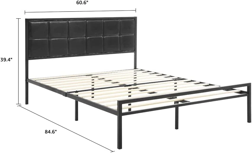 BIKAHOM Queen Metal Bed Frame with Upholstered Faux Leather Square Tufted Headboard  Heavy Duty Metal Platform Bed Frame with Wooden Slats Support No Box Spring Needed  Easy Assembly  Dar