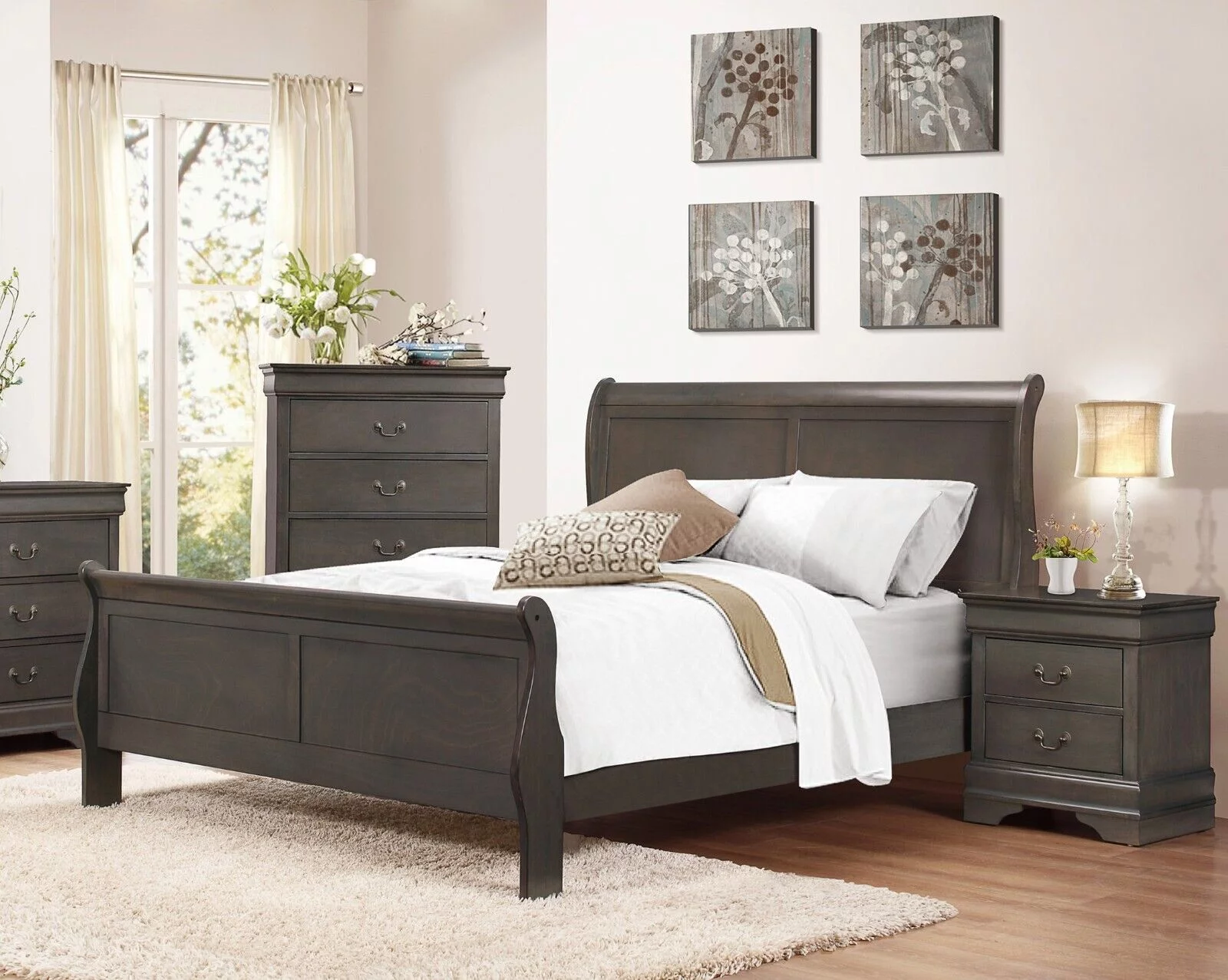 Classic Louis Philippe Styling 1pc California King Size Sleigh Bed Stained Gray Finish Traditional Bedroom Furniture