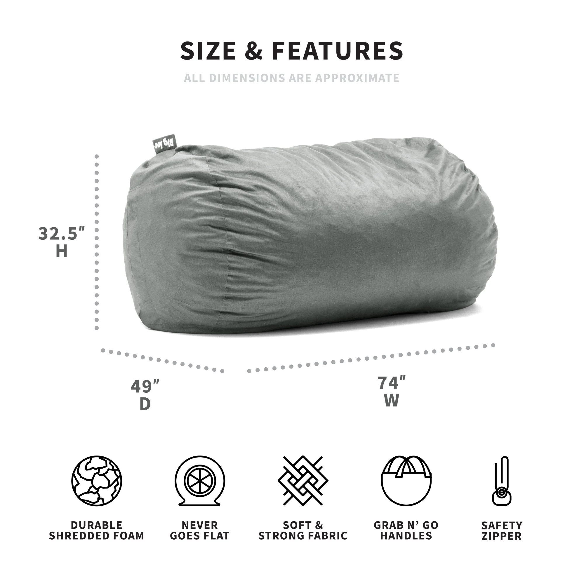 Big Joe Fuf Media Lounger Foam Filled Bean Bag Chair with Removable Cover, Fog Lenox, Durable Woven Polyester, 6 feet Giant
