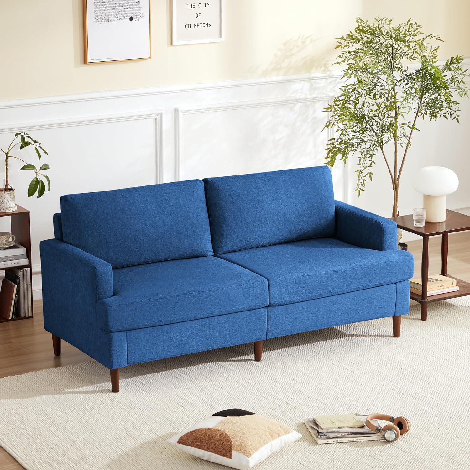 Weture 69”W Loveseat Sofa, Mid Century Modern Couches for Living Room, Small Couch Linen Fabric for Bedroom, 2 Seat Love Seat Sofa with Solid Wood Legs, Blue