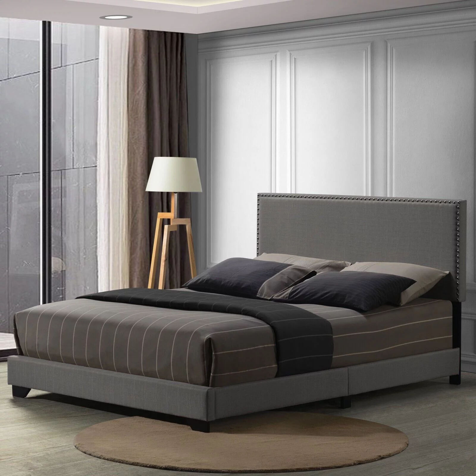 Casual Look 1pc Queen Size Bed Light Gray Fabric Upholstered Nailhead Trim Accent Headboard Modern Bedroom Furniture