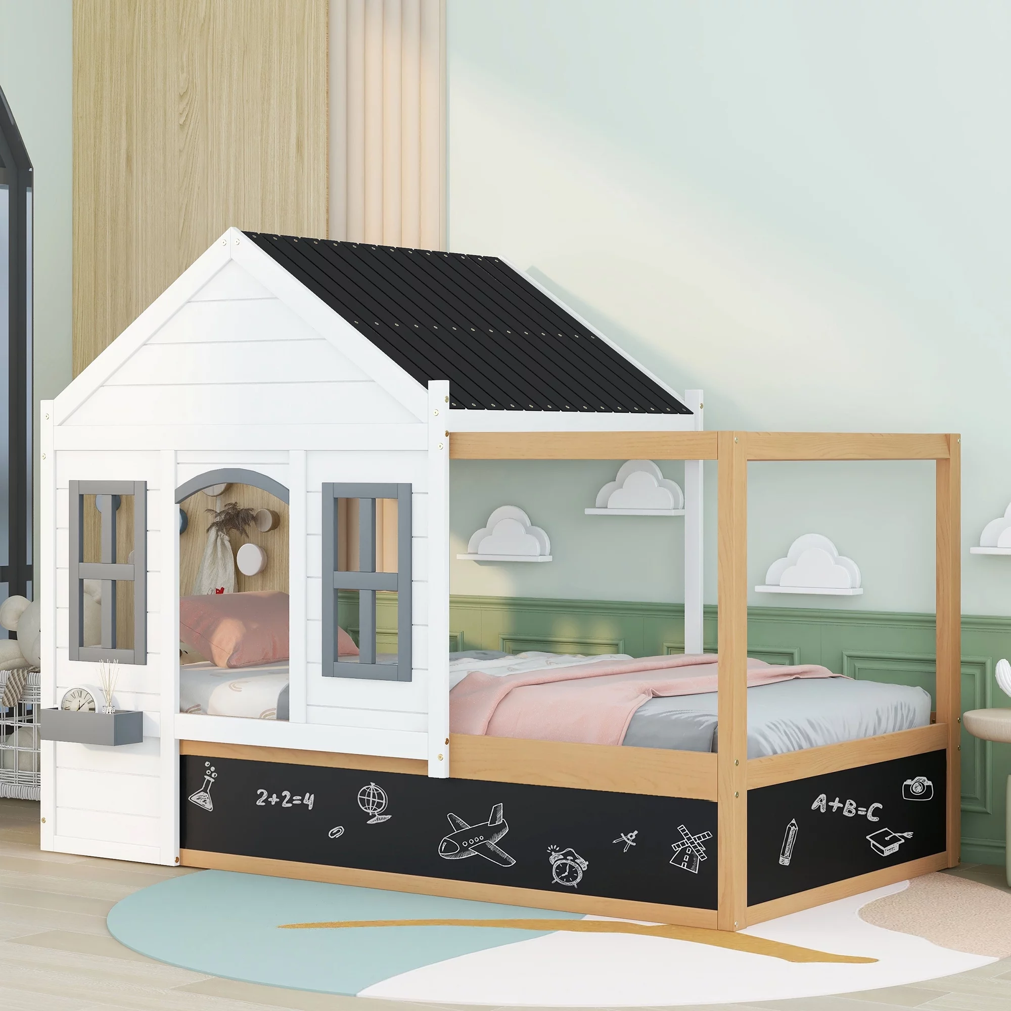 Euroco Wood Twin Size House Bed with Roof and Blackboard for Kids Bedroom, Canopy Platform Bed, White