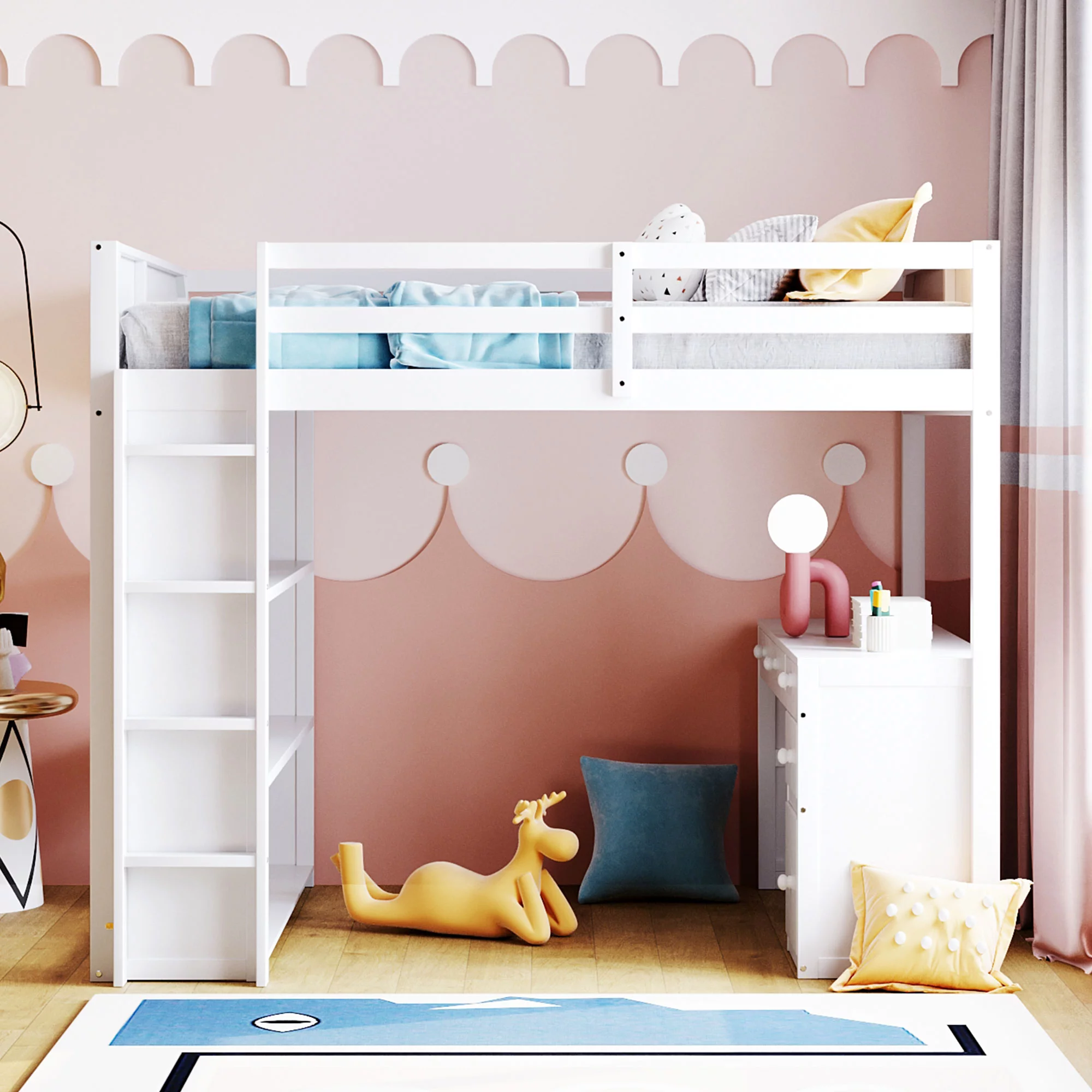 CoSoTower Full Size Loft Bed with Ladder, Shelves, and Desk, White