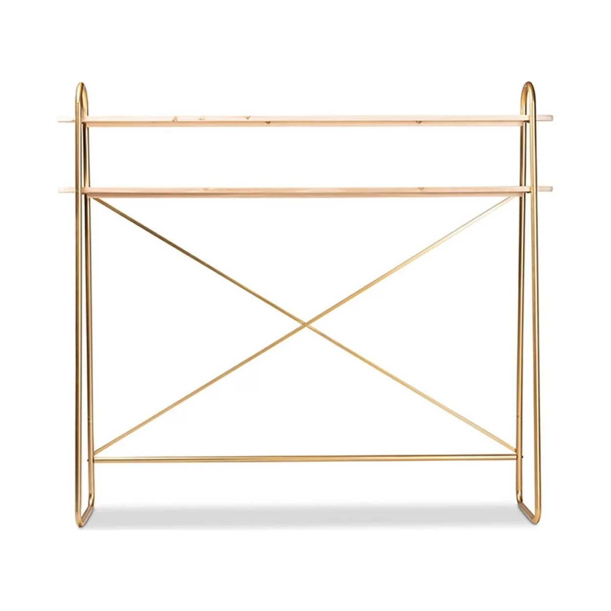 Baxton Studio Merida and Luxe Brushed Gold Finished Metal and Natural Brown Finished Wood 2-Tier Over Bed Queen Size