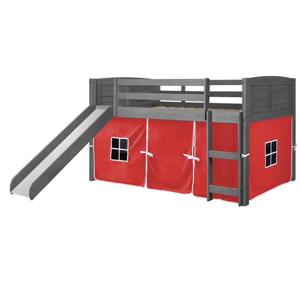 Donco PD-790AAG-R-785AG Twin Size Louver Low Loft with Slide & Red Tent in Antique Grey