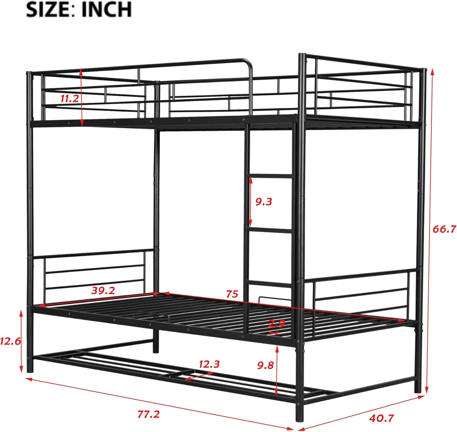Twin Over Twin Metal Bunk Bed Frame with Shelf and Guardrails for Bedroom for Boys Girls Adult