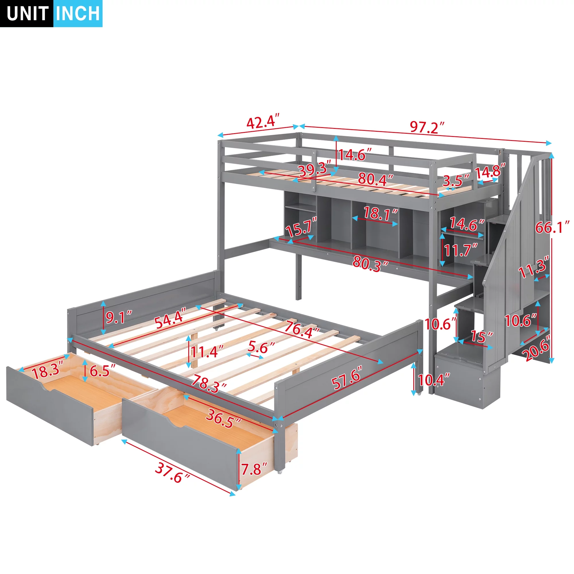 Leadzm Twin XL over Full Bunk Bed with Built-in Storage Shelves, Drawers and Staircase,Gray
