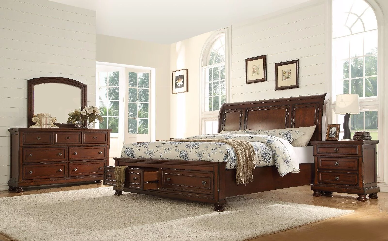 Contemporary Recessed 4pc Queen Size Bed Set Curve Headboard Brown Finish Solid Wood Storage Drawers Footboard