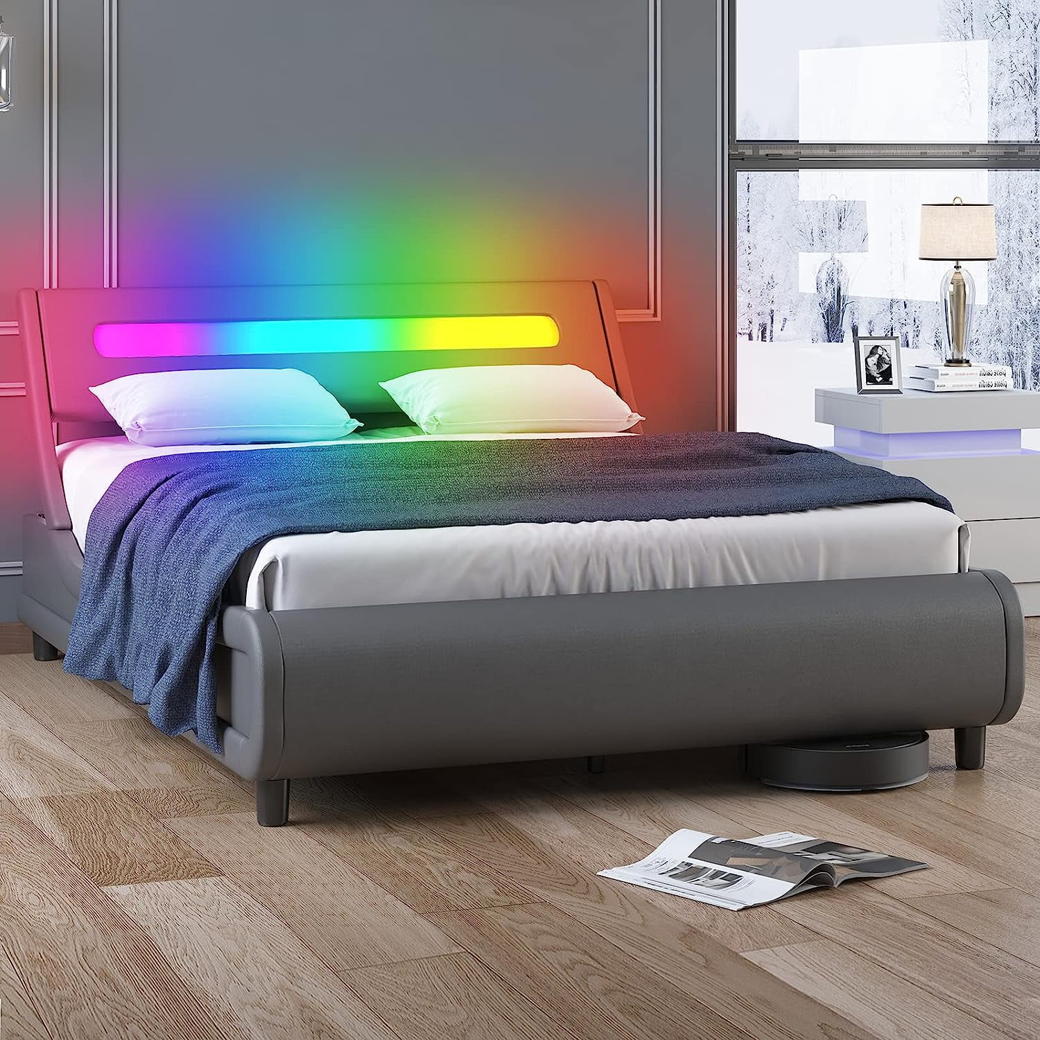 ZAFLY King Bed Frame with LED Headboard, Tufted Bedroom Furniture, PVC Upholstered Platform Bed Frame, King Size - Grey