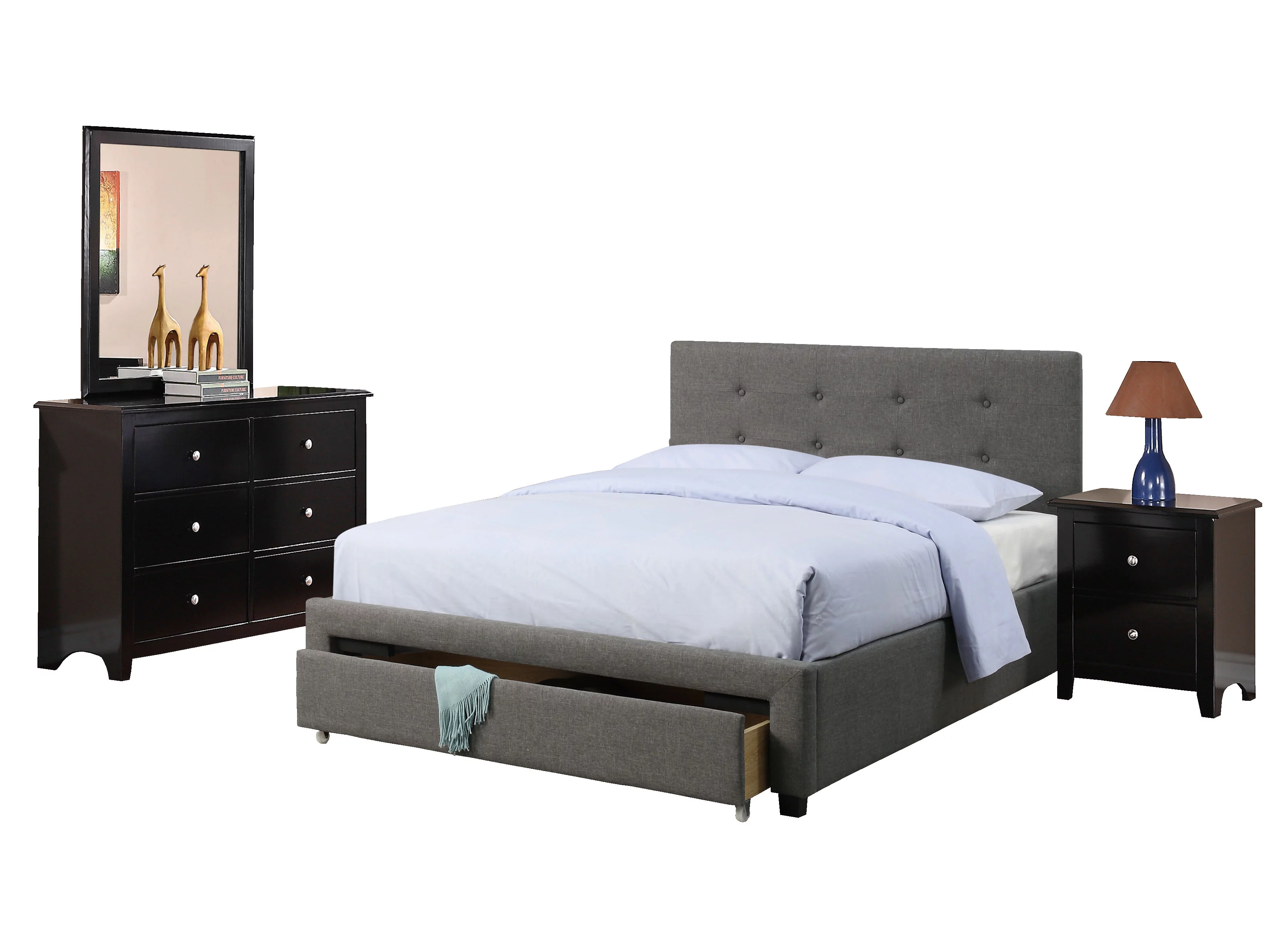 Transitional Style Grey Polyfiber 1pc Queen Size Bed Tufted Headboard Under Bed Storage Drawers Footboard Plywood Bedframe