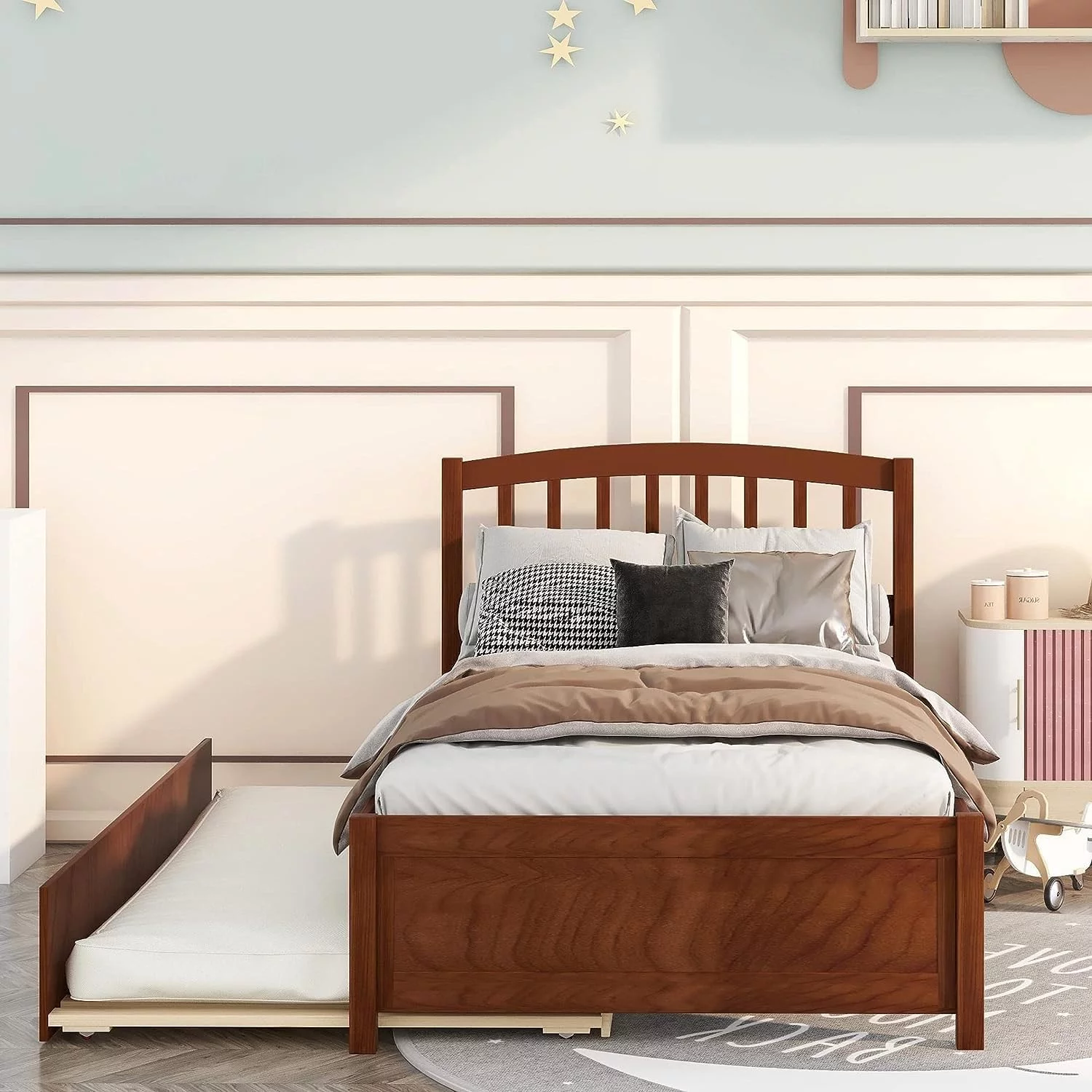Bed Frame With Trundle, Bed Frame With Headboard, Wood Platform Bed With Pull Out Trundle For Kids, Guest Room,No Box Spring Needed,Walnut