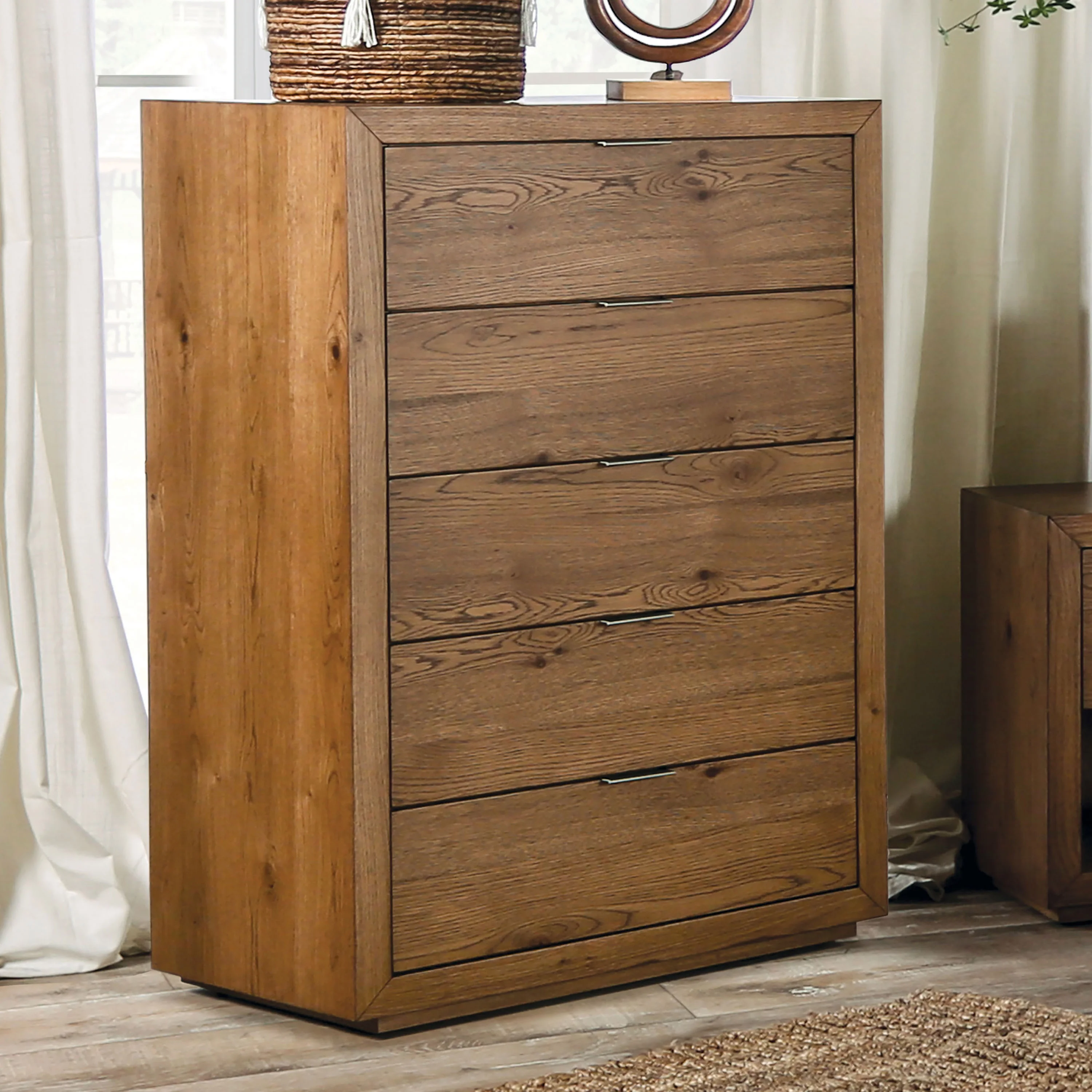 Furniture of America Ida Solid Wood 5-Drawer Chest, Light Walnut