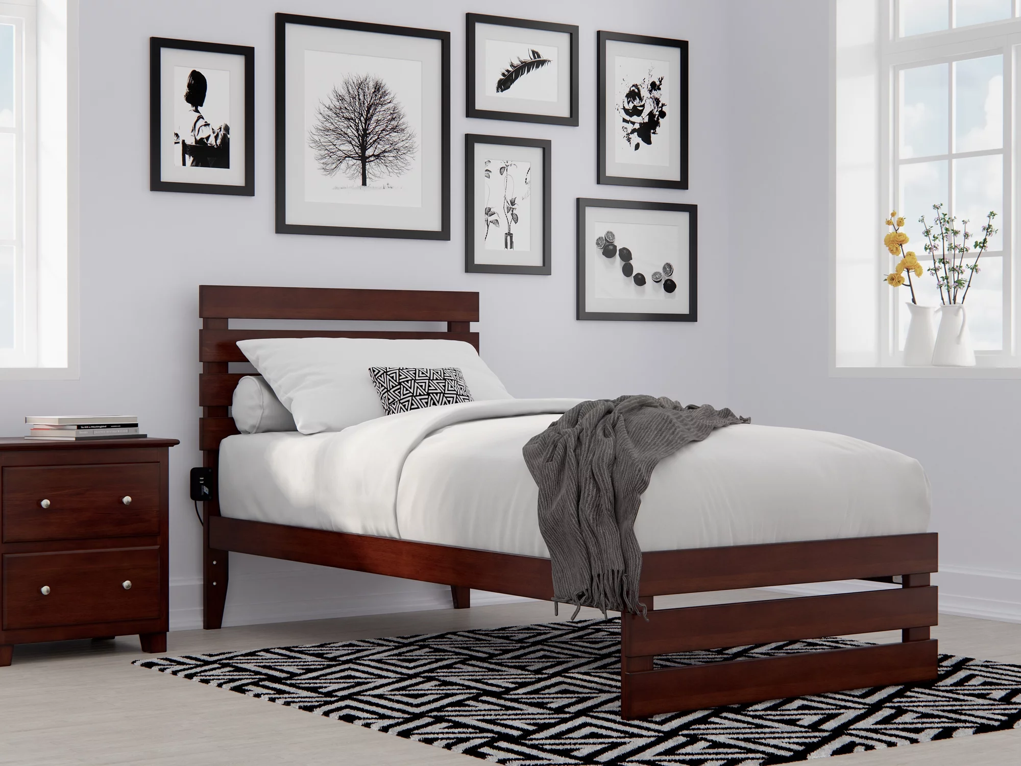 Oxford Twin Extra Long Bed with Footboard and USB Turbo Charger in Walnut