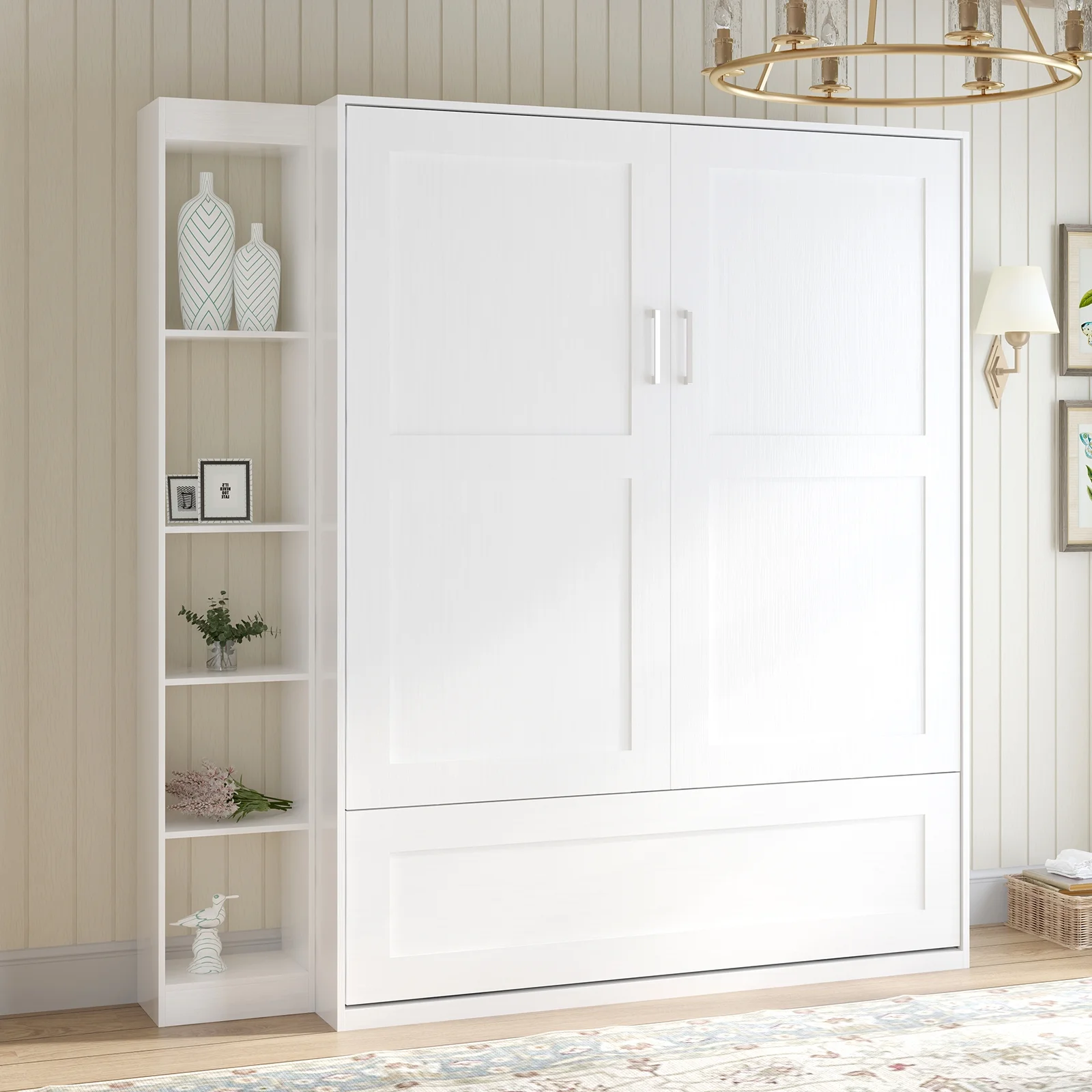 MUZZ Foldable Murphy Bed with 1 Side Cabinet, Folding Wall Bed with Space Saving Design, Fold up Murphy Bed Cabinet for Storage, Multipurpose Cabinet Bed for Bedroom/Apartment (Style6+1,White)