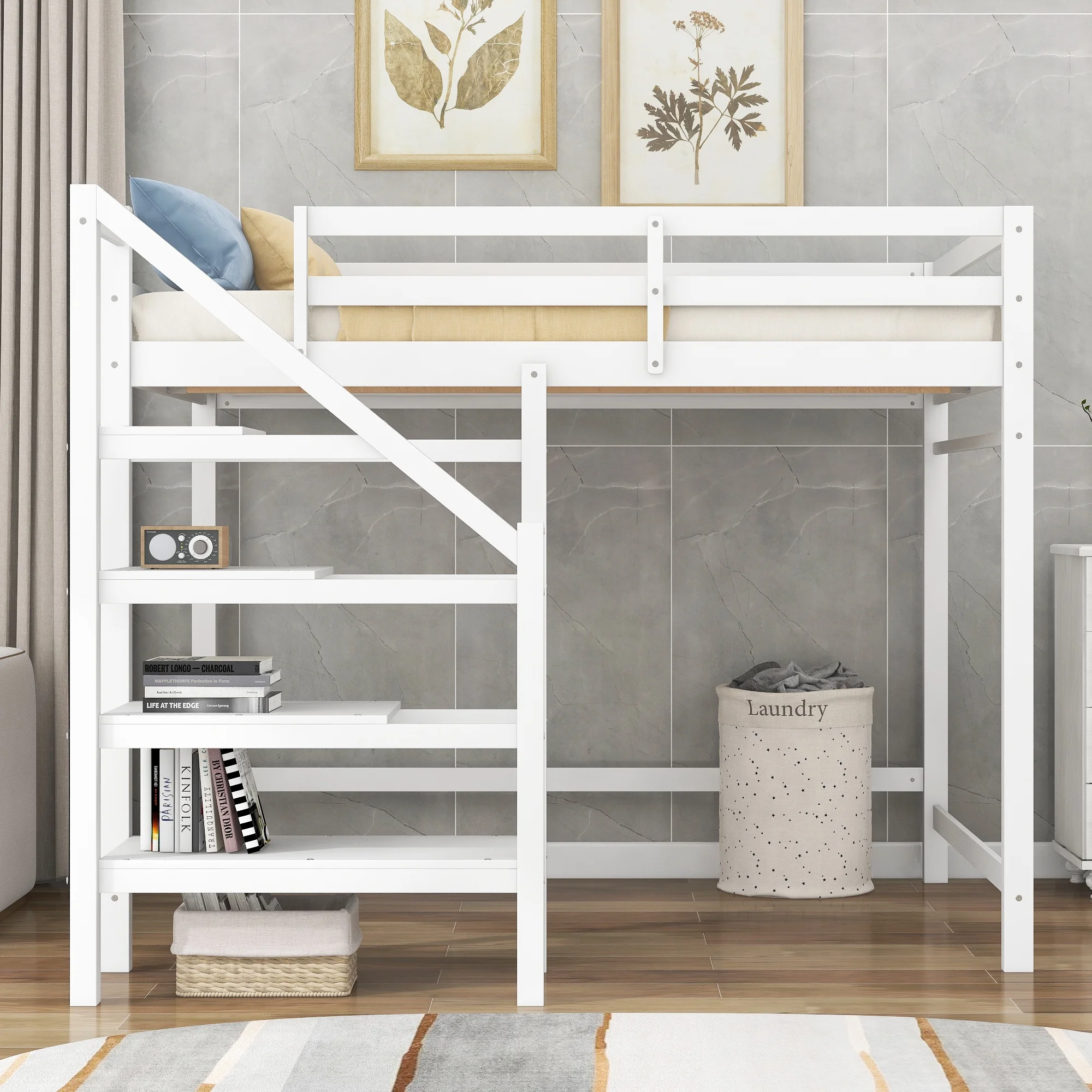 Euroco Full Size Loft Bed with Shelf and Hanger for Kids Bedroom, White