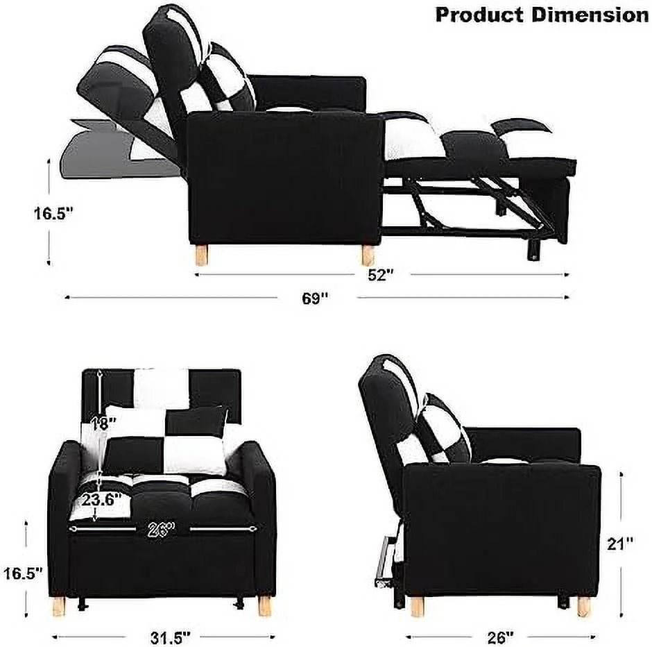 xrboomlife Multi-Functional Convertible Chair Sleeper Velvet Adjustable Single Sofa Bed with Lumbar for Studio Dorm Apartment Bedroom Office Living Room