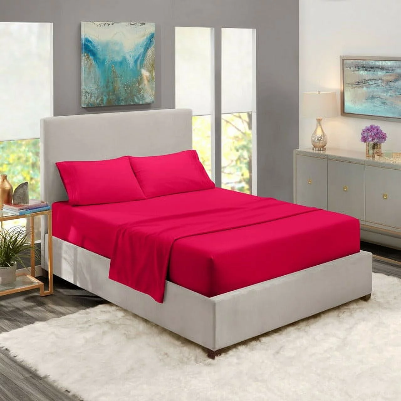 1800 Thread Count 4 Piece Deep Pocket Egyptian Comfort Bedroom Bedding Sheet Set California King Size Hot Pink Colour