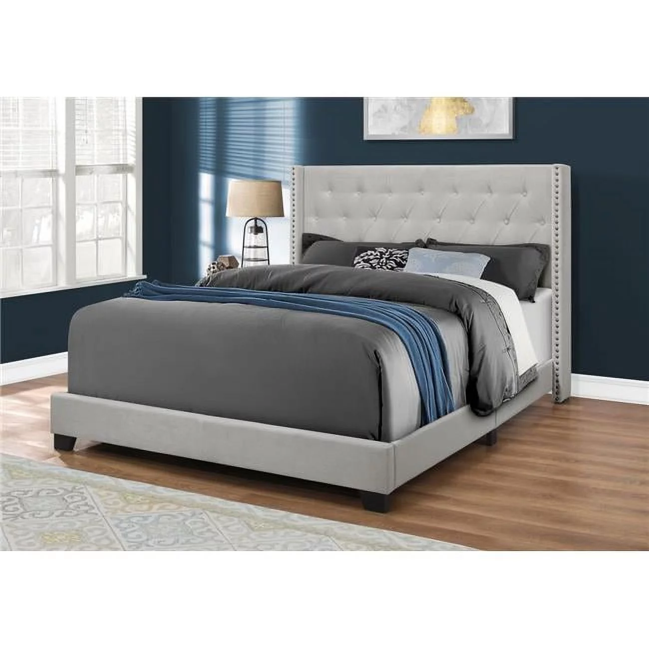Monarch Specialties Velvet with Chrome Trim Bed, Light Grey - Queen Size