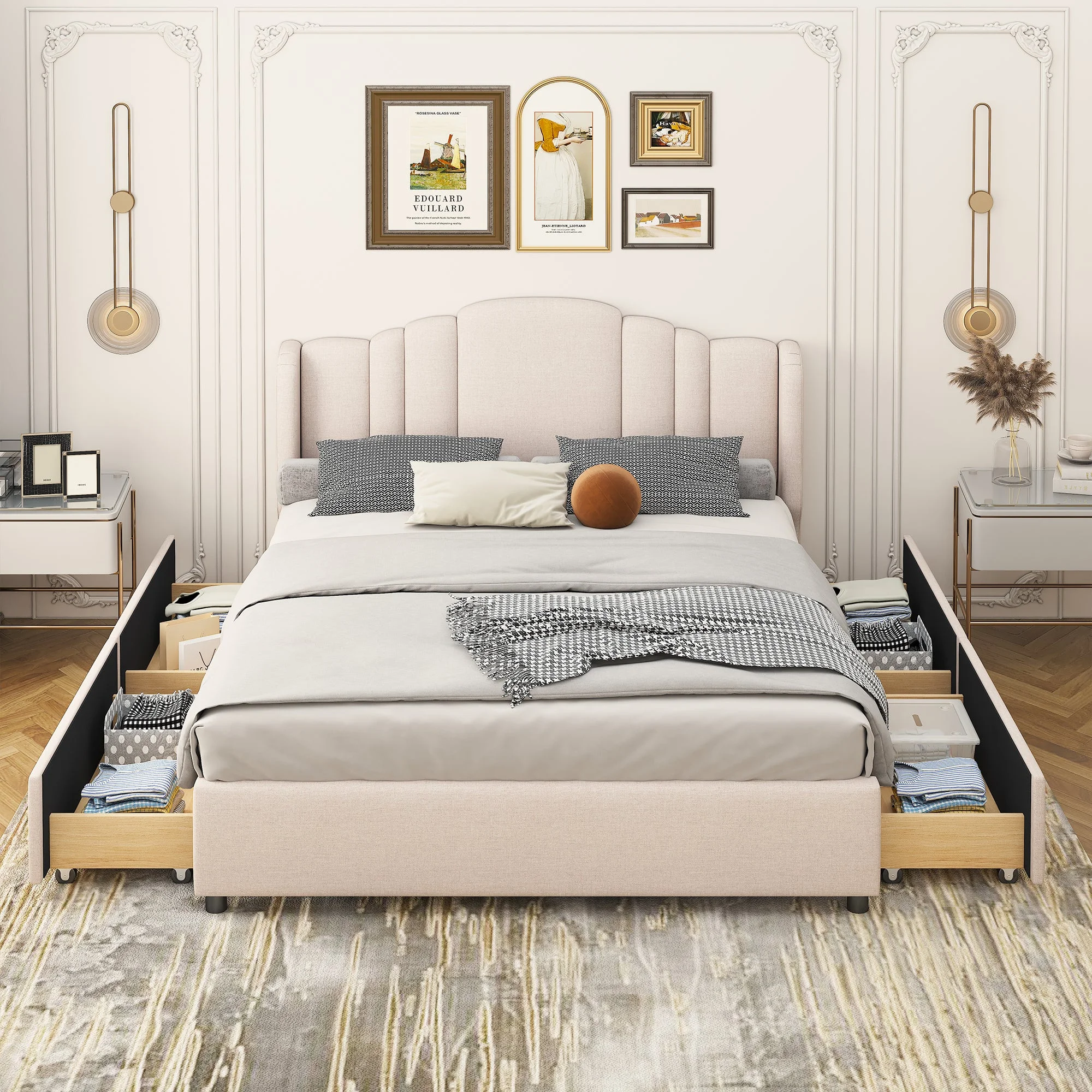 Mali Queen Size Platform Bed with Wingback Headboard - Beige