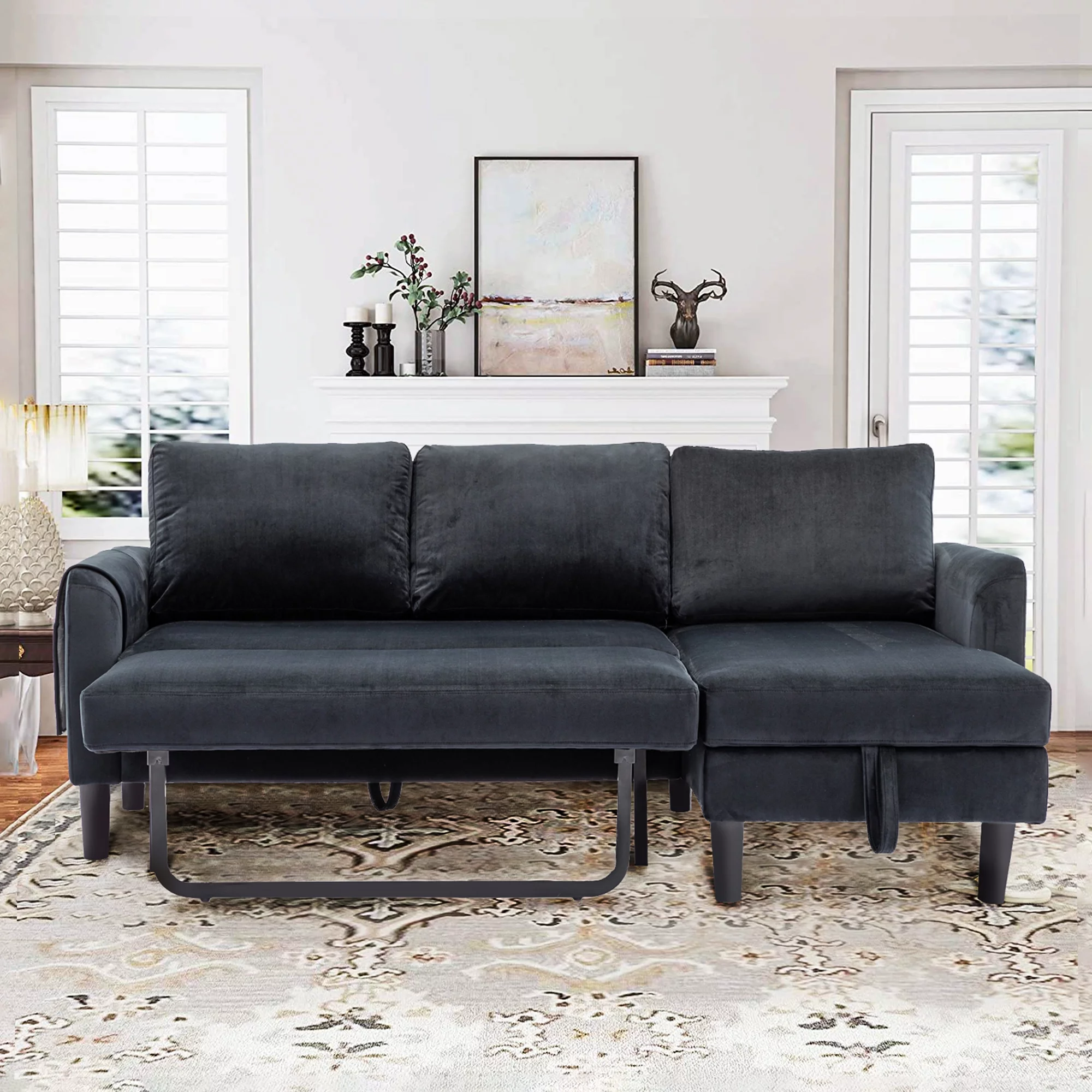Muumblus Sectional Sleeper Sofa with Pull Out Bed, Modern Sectional Sofa with Storage Shaise, Pull Out Sofa Bed for Living Room, Black Fabric