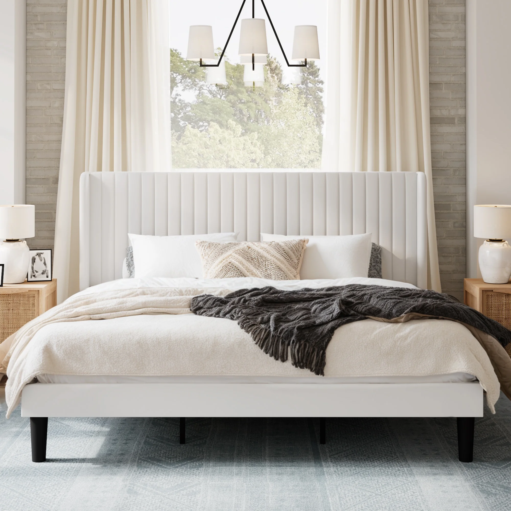 Sha Cerlin King Size Upholstered Platform Bed Frame with Velvet Channel Wingback Headboard, Off White